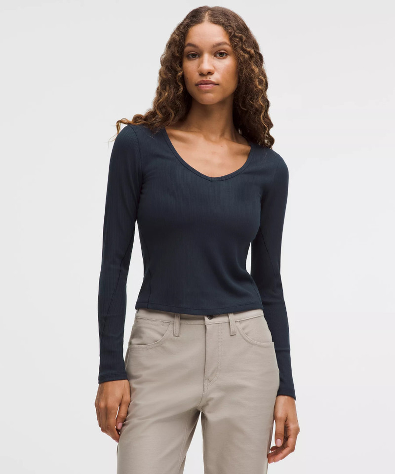Hold Tight Micro-Rib V-Neck Long-Sleeve Shirt 1