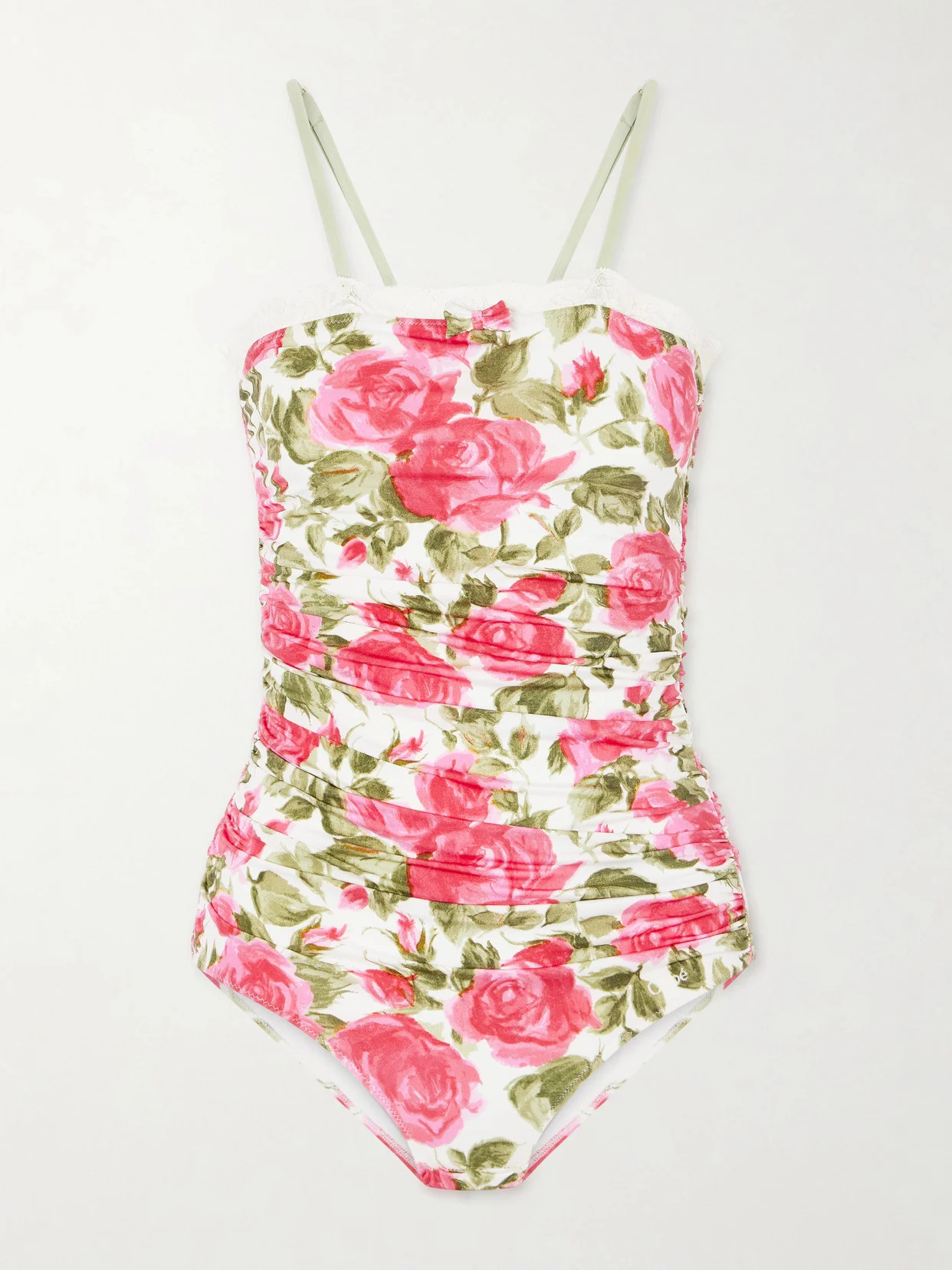 Bow-detailed Ruched Lace-trimmed Floral-print Swimsuit - 1