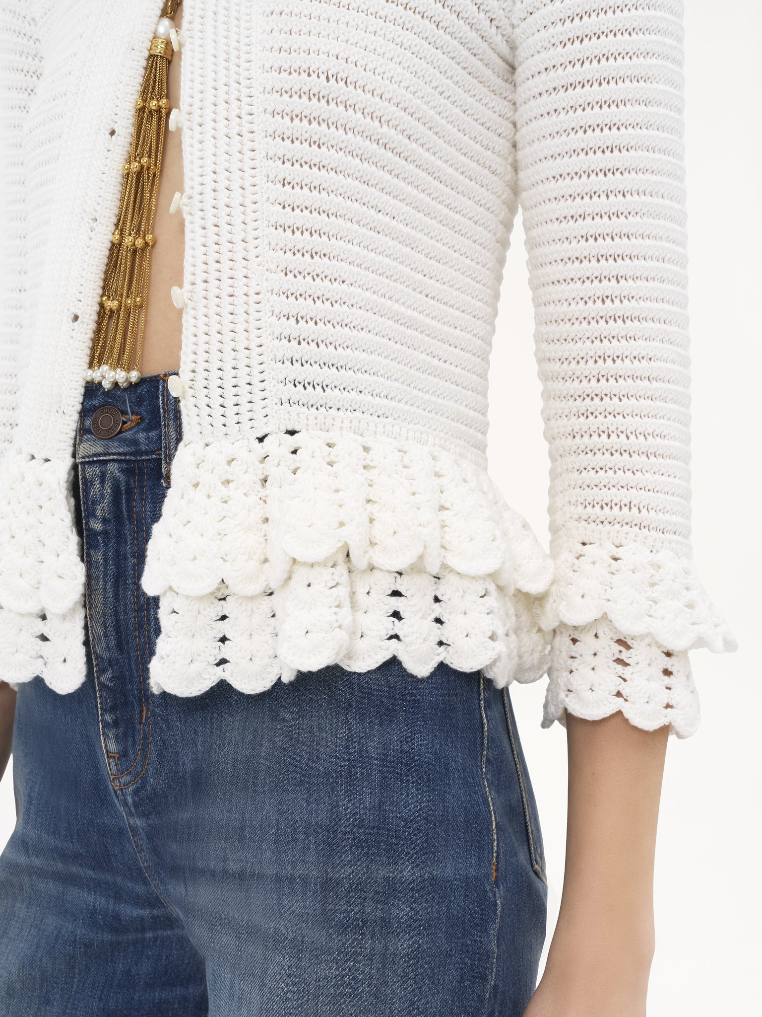 FITTED RUFFLED CARDIGAN IN CROCHET KNIT - 6