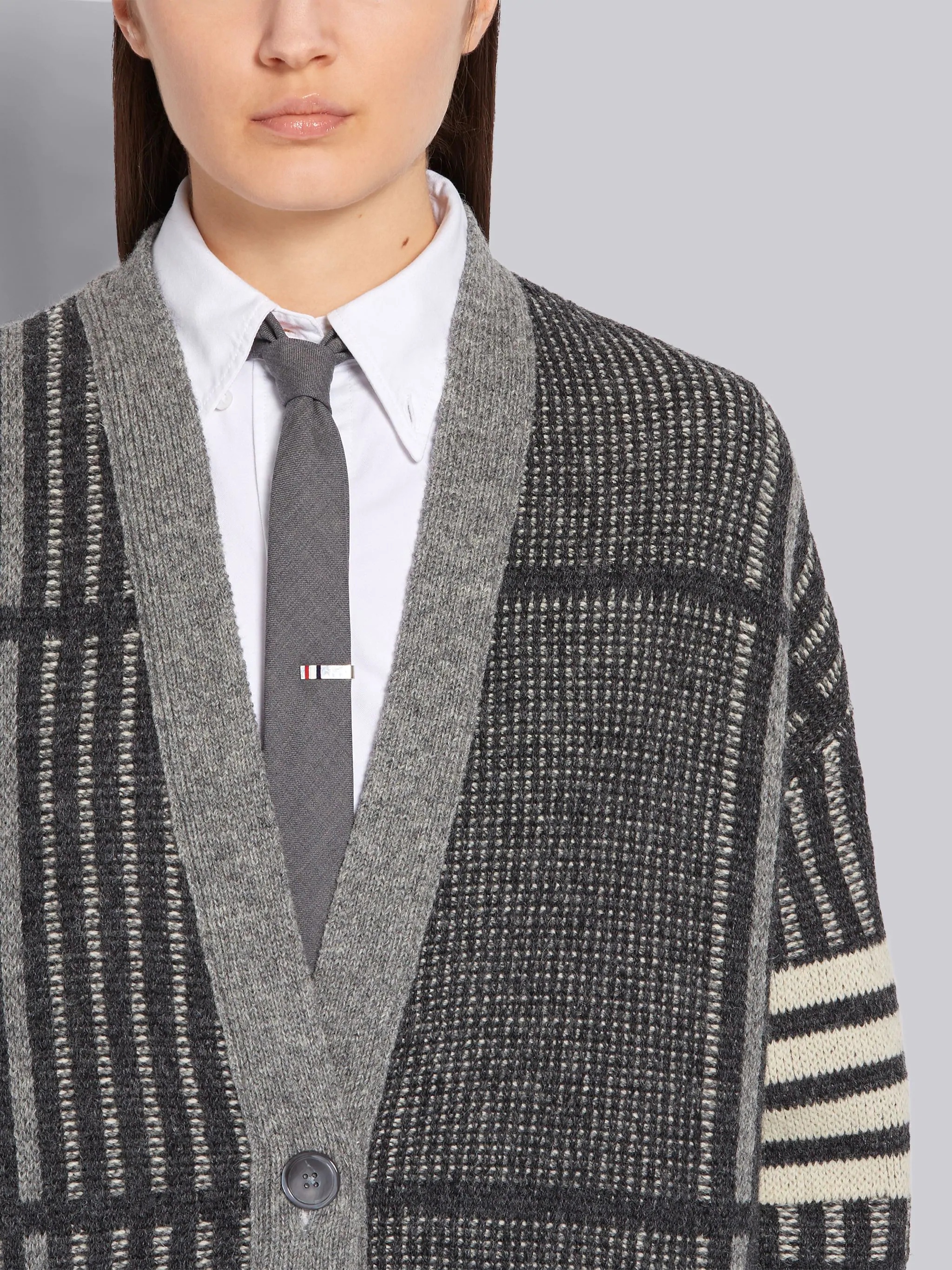 Tonal Grey Shetland Wool Check Jacquard Oversized V-neck 4-Bar Cardigan - 4