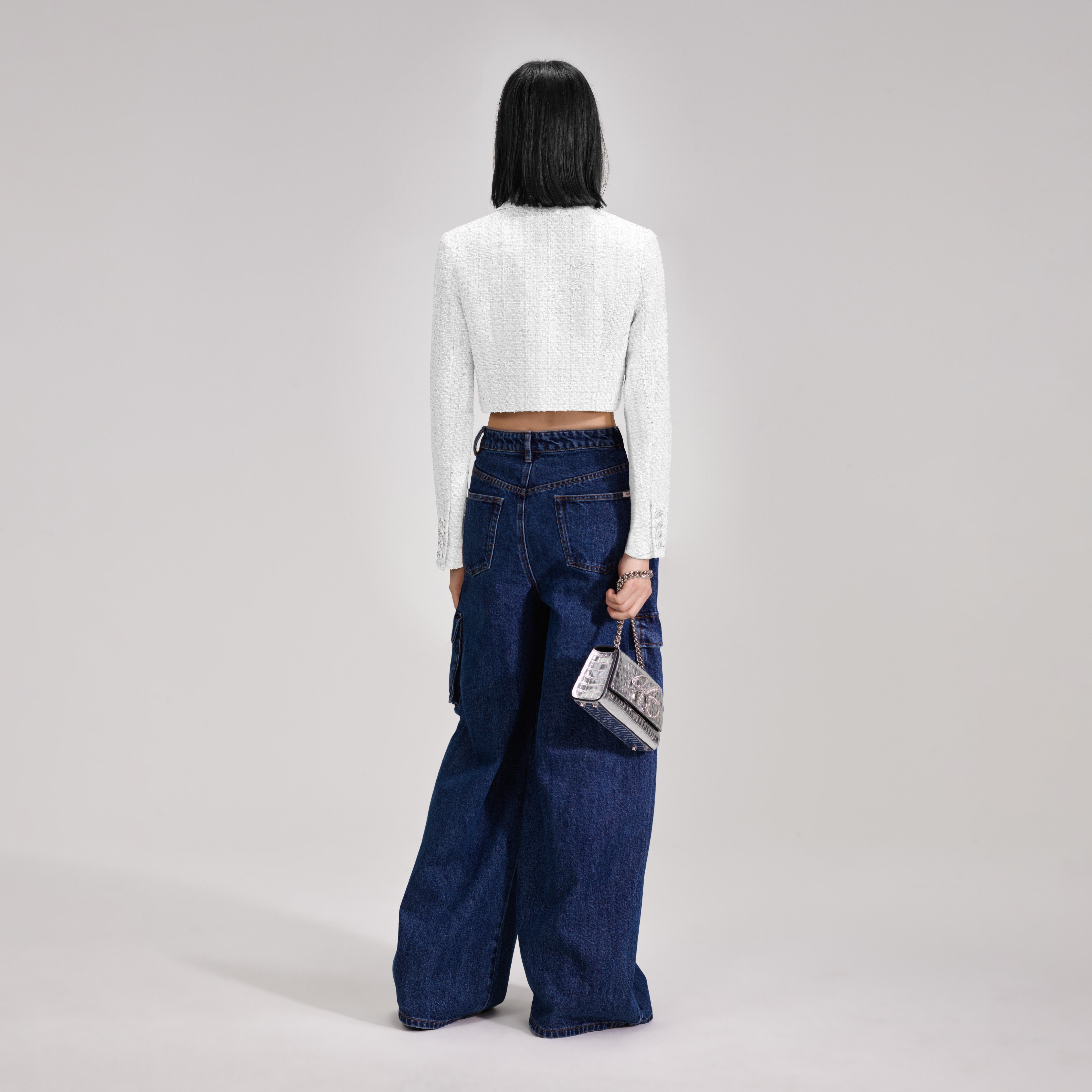 White Boucle Crop Jacket - 3