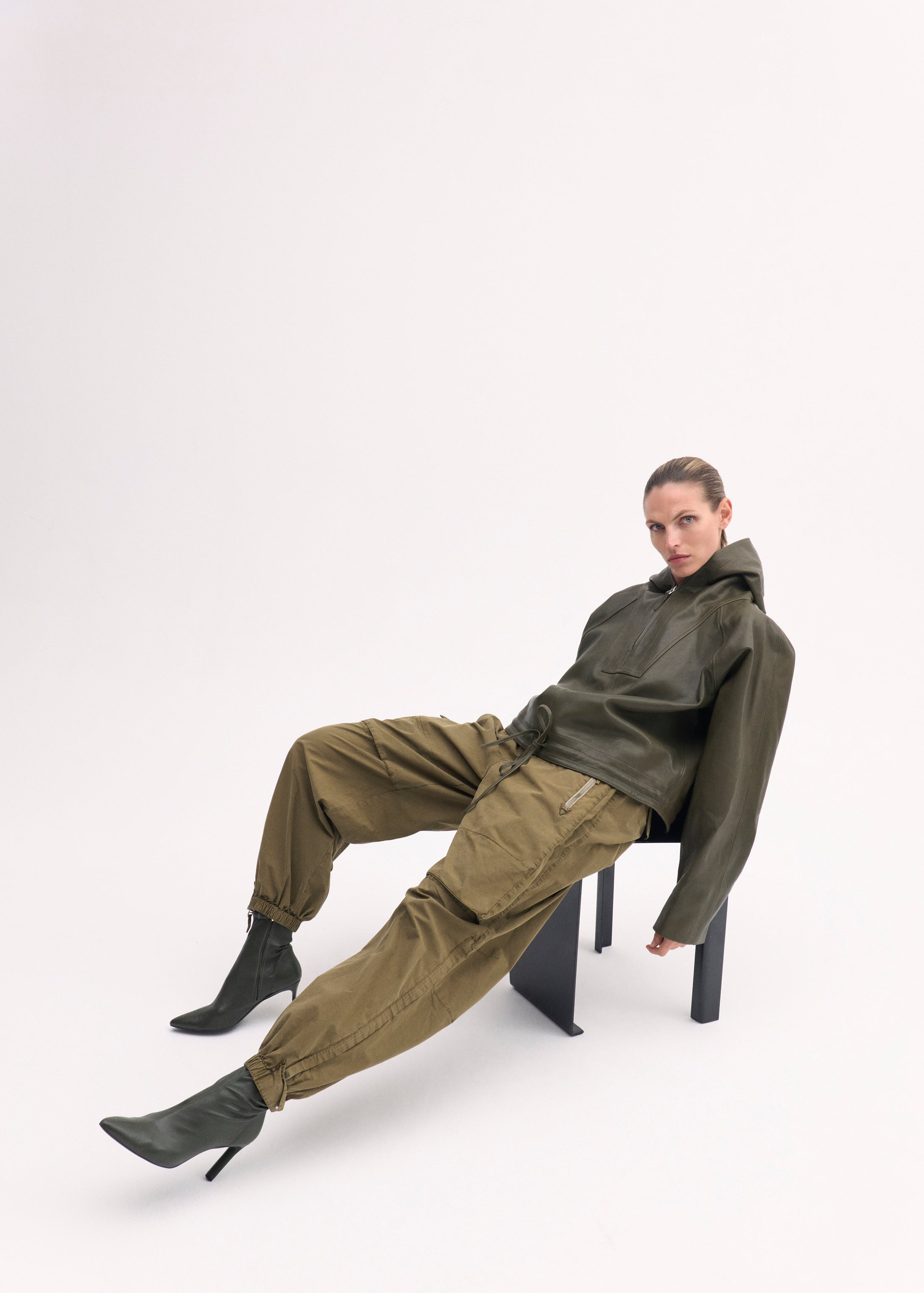 Heeled Leather Sock Bootie in Olive - 3
