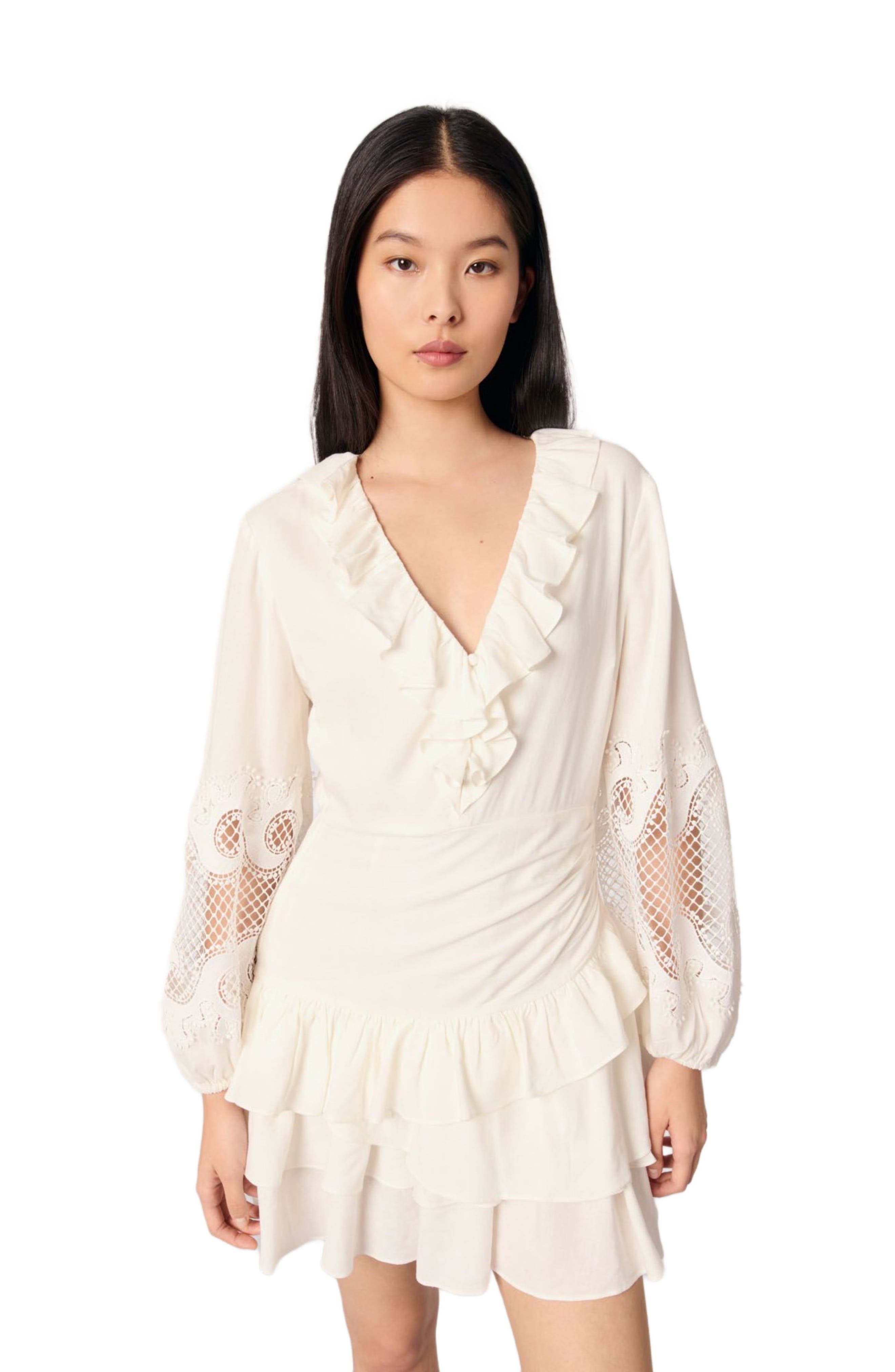 maje Ruffled embroidered sleeve dress in Ecru at Nordstrom - 5