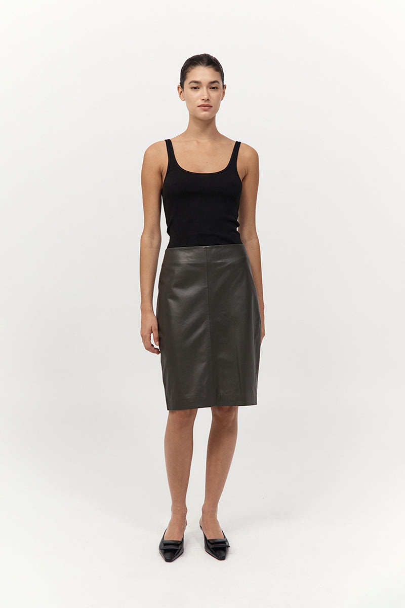 Leather Pencil Skirt - Khaki - 2