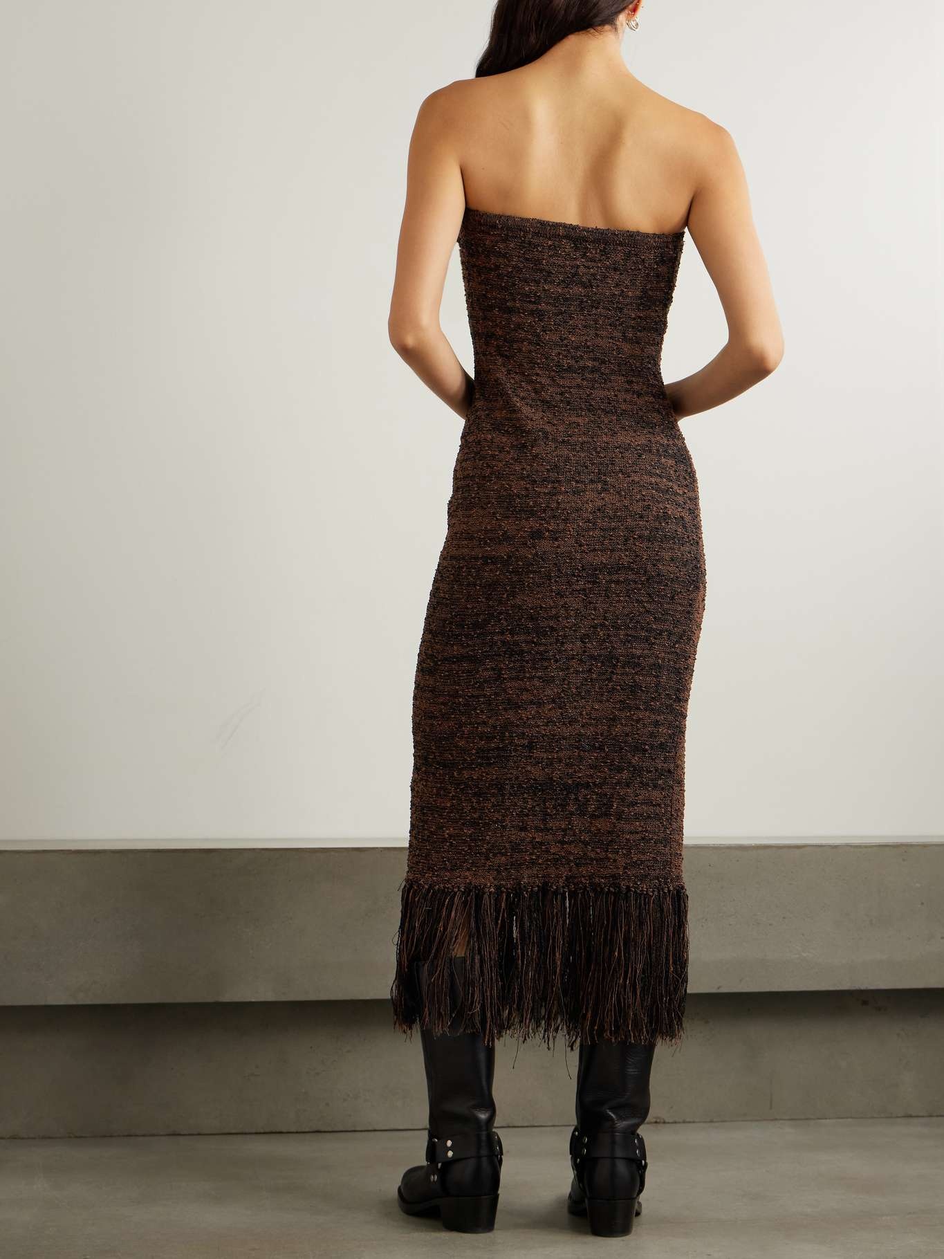 Strapless fringed bouclé midi dress Light brown - 3
