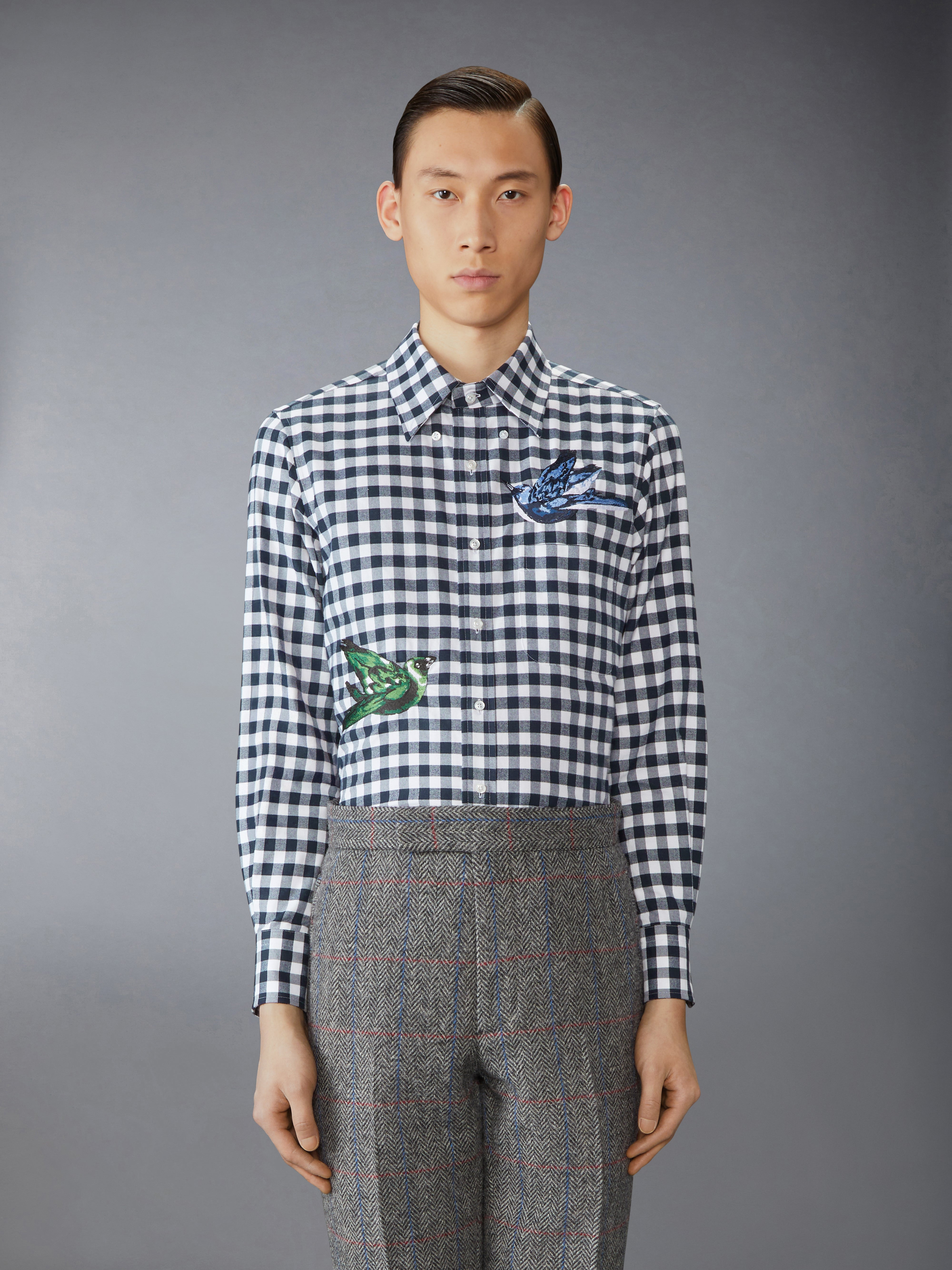 GINGHAM CHECK FLANNEL SATIN STITCH BIRDS SHIRT - 2