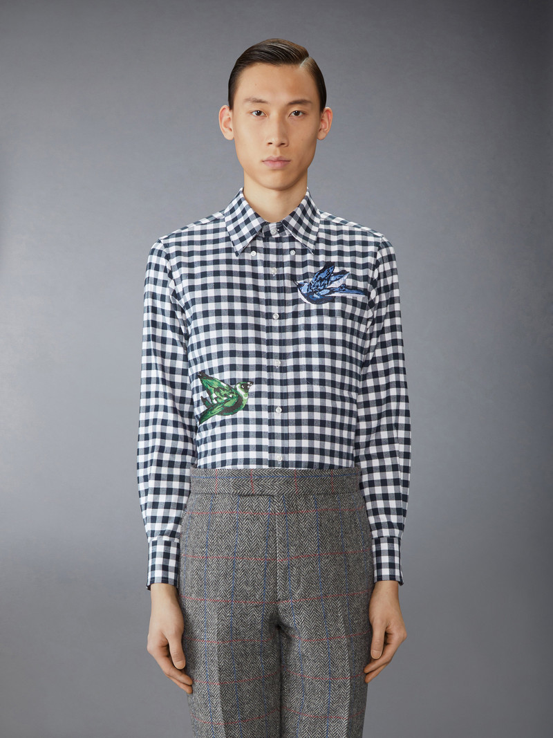 Thom Browne GINGHAM CHECK FLANNEL SATIN STITCH BIRDS SHIRT outlook