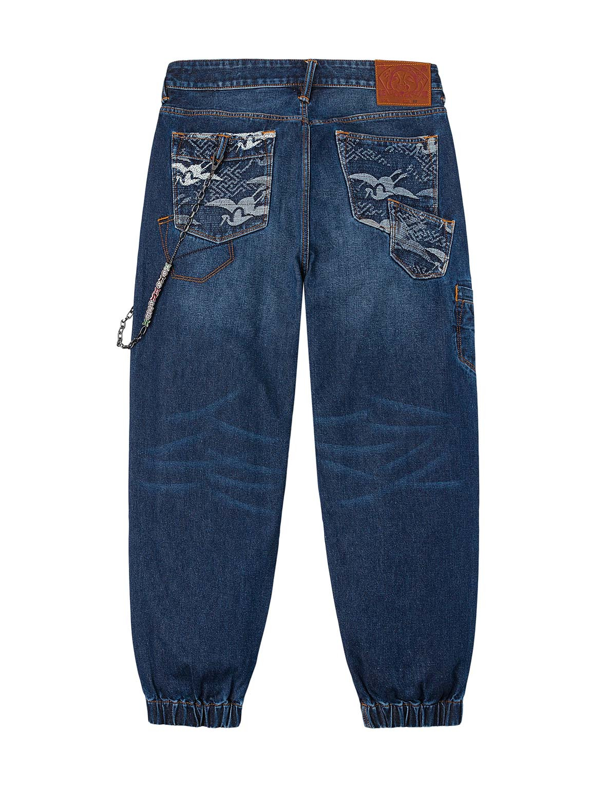 Multi-pocket and Seagull Crane Print Loose Fit Washed Denim Joggers - 12
