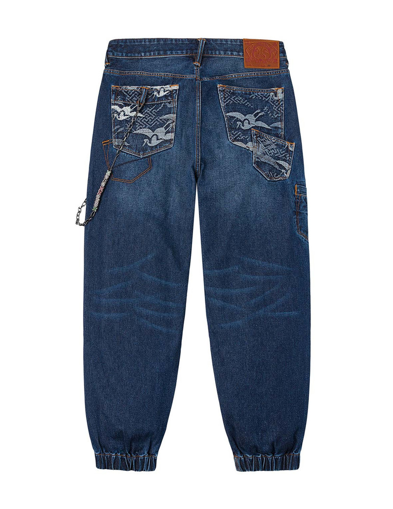 Multi-pocket and Seagull Crane Print Loose Fit Washed Denim Joggers 12
