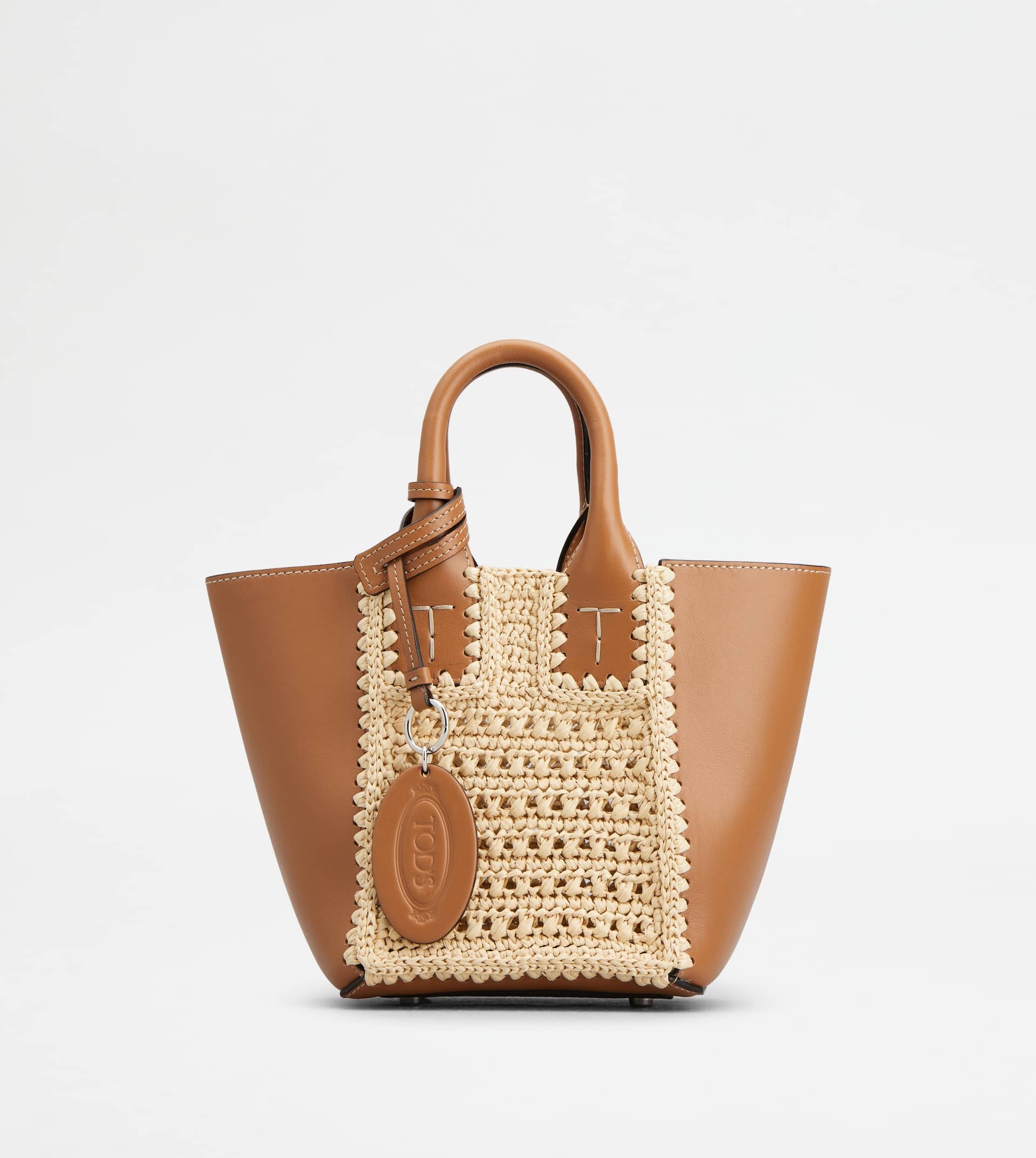TOD'S DOUBLE UP SHOPPING BAG IN LEATHER AND RAFFIA MINI - BEIGE, BROWN - 1