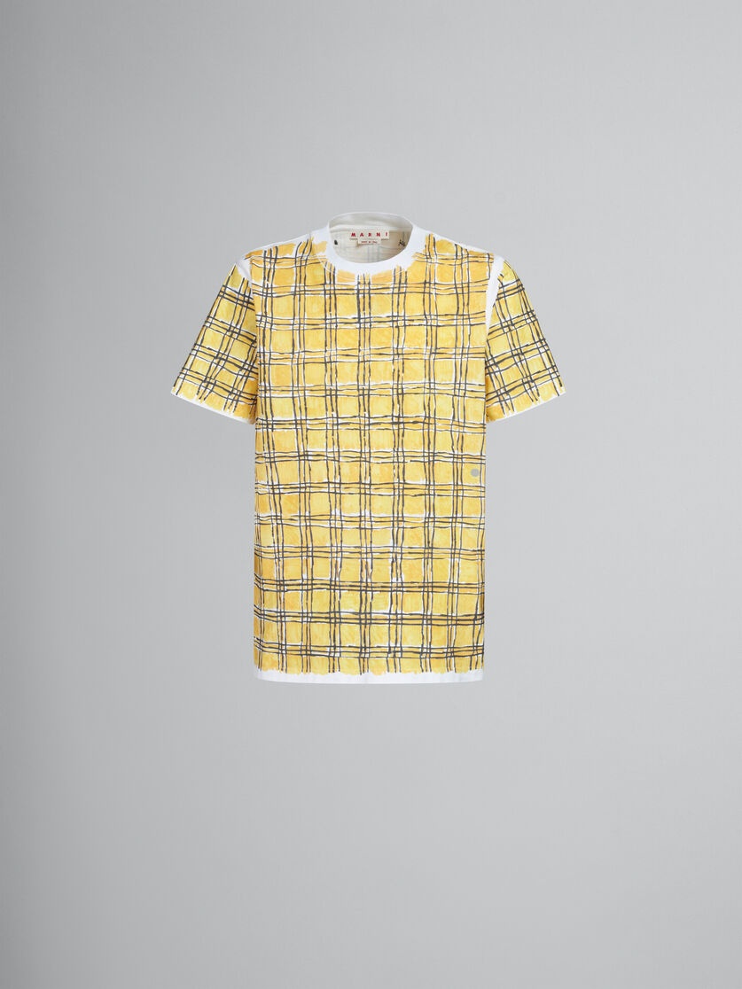 YELLOW BIO COTTON T-SHIRT WITH IRREGULAR CHECKED PRINT - 1