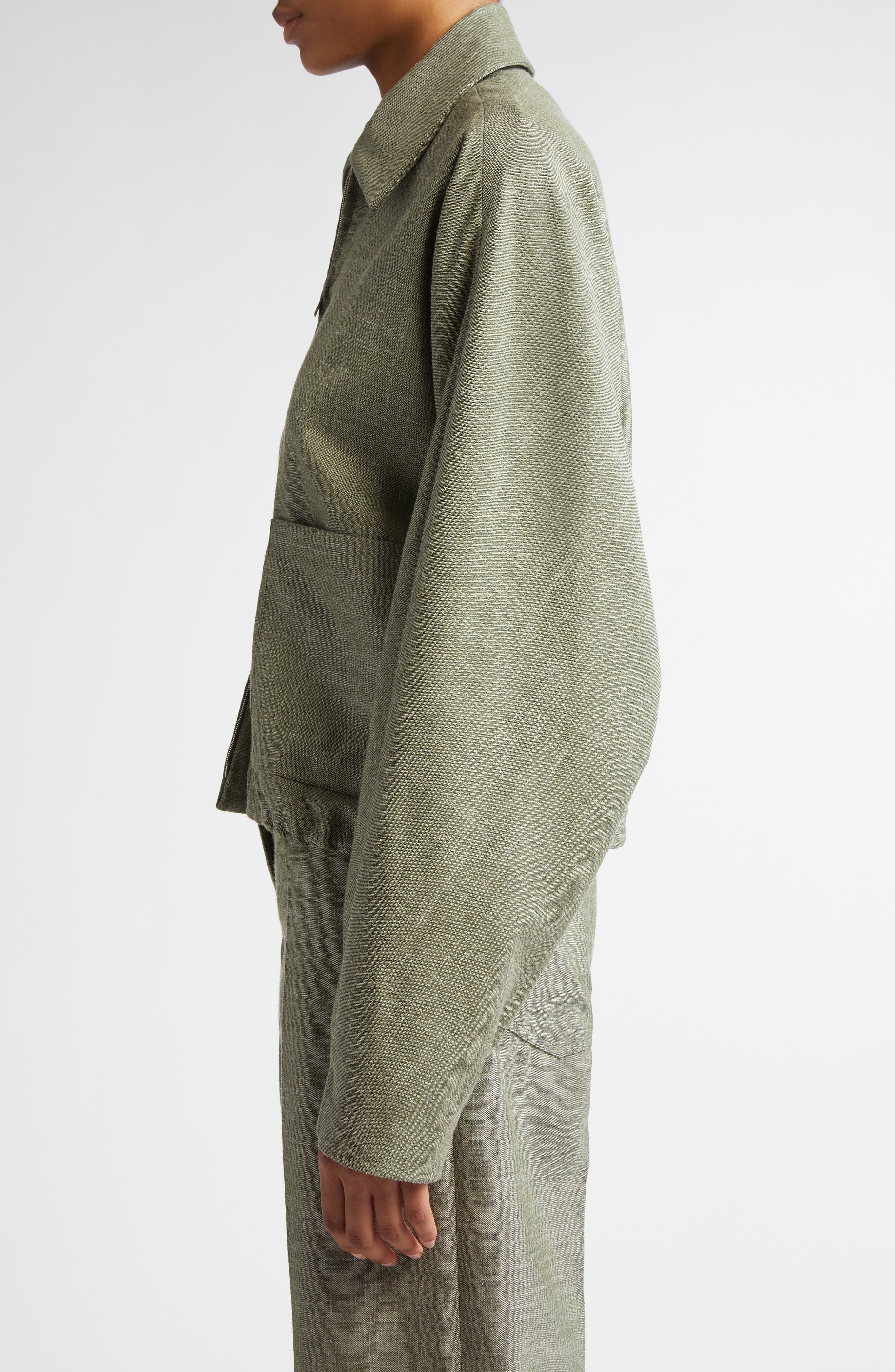 FERRAGAMO Patch Pocket Virgin Wool & Silk Blend Jacket in Olive/White at Nordstrom - 4