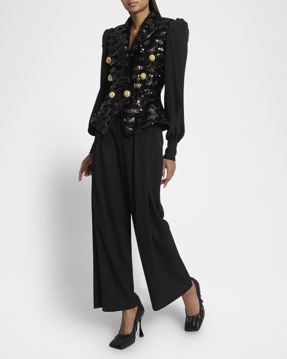 Sequined Double-Breasted Blazer with Muslin Sleeves - 3