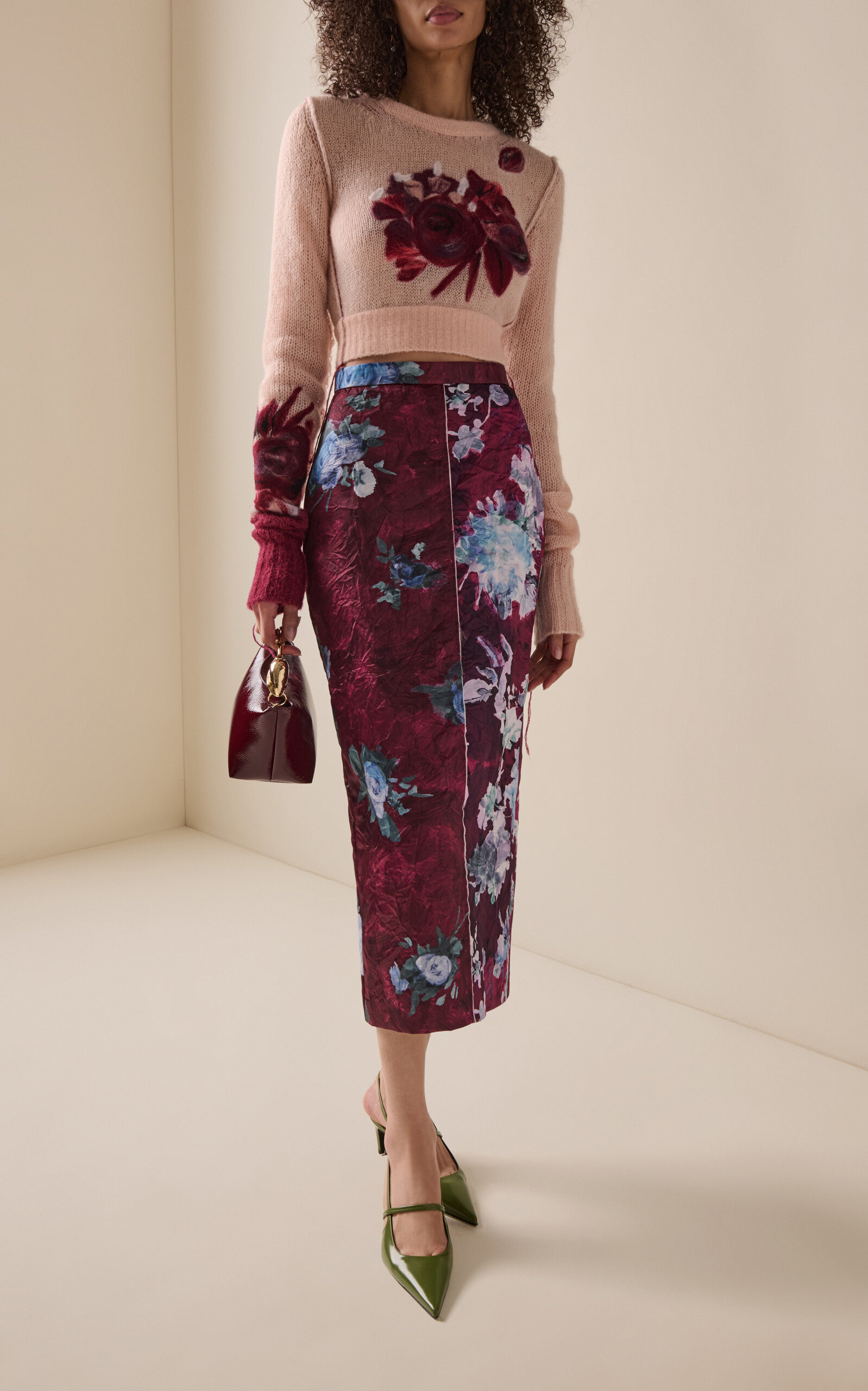 Floral-Collage Satin Midi Skirt burgundy - 2
