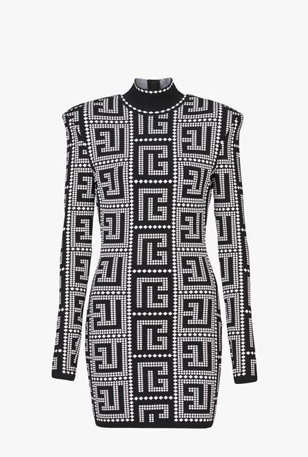 Short eco-designed dress with black and white mosaic Balmain monogram - 1