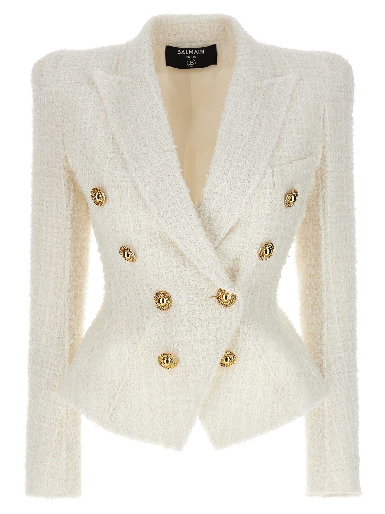 Balmain Double Breasted Tweed Blazer With Logo Buttons - 1