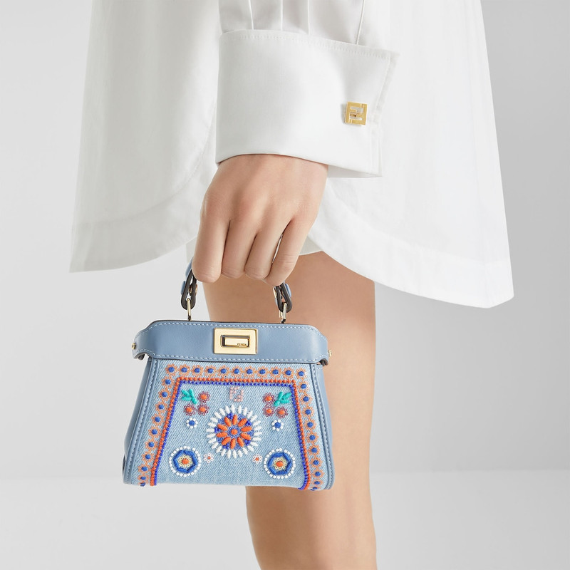 Nano Peekaboo Light blue denim miniature bag with multicolor embroidery 5
