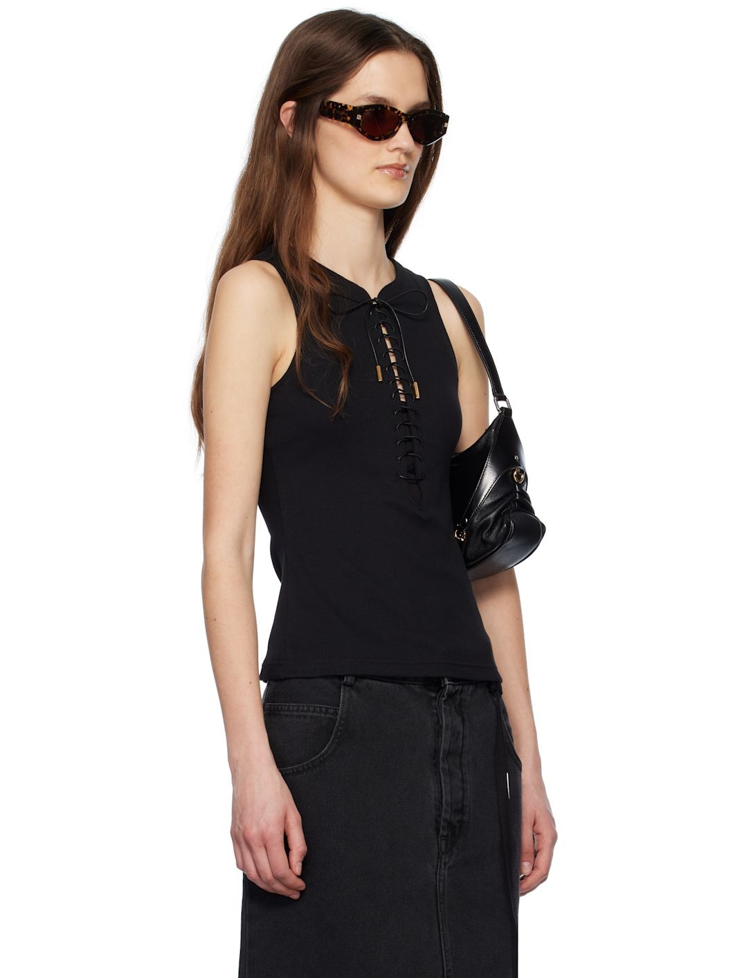 Black Slim Fit Laces Detail 4G Tank Top - 2
