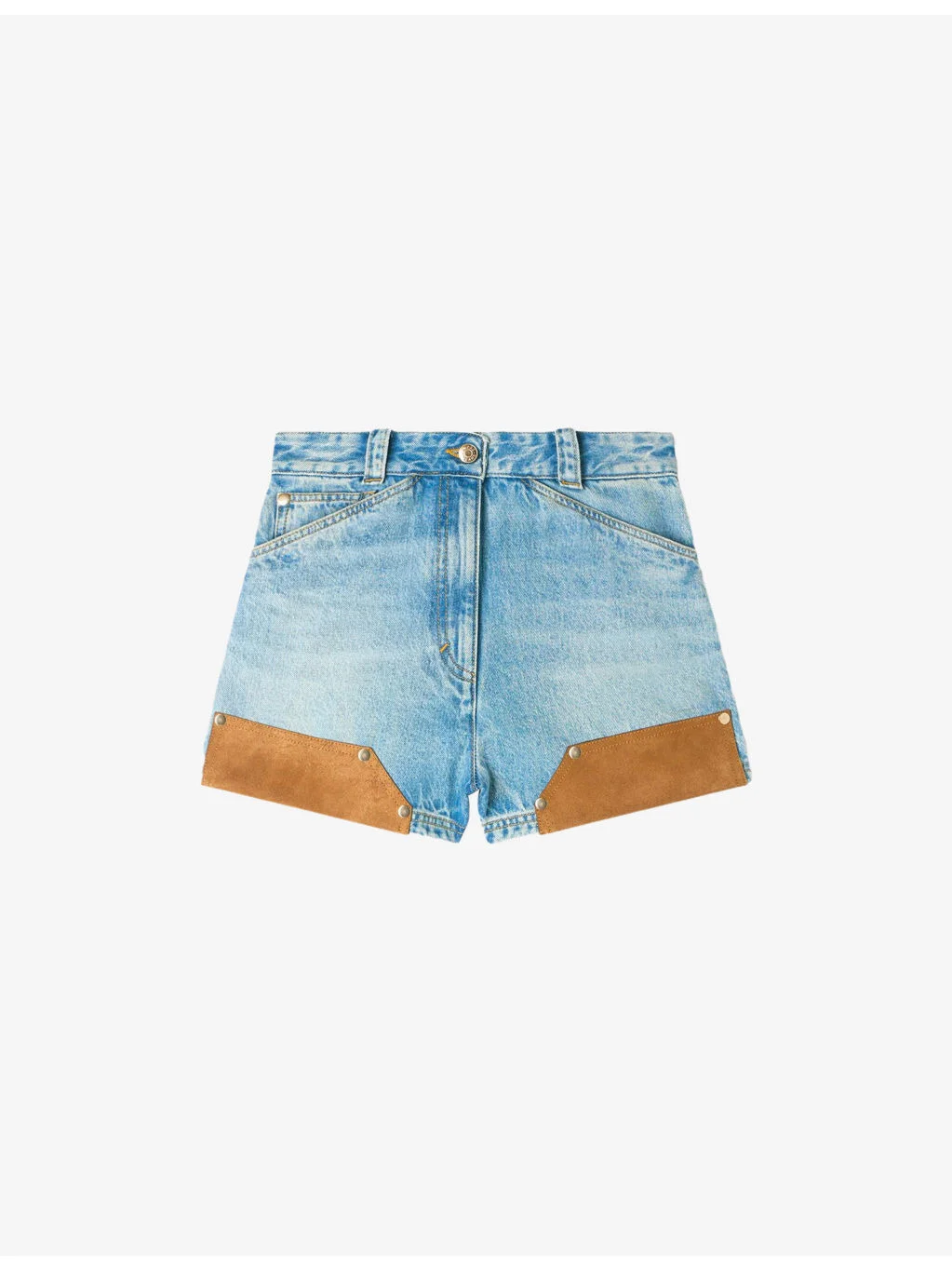 Riveted High-Rise Suede and Denim Shorts - 1