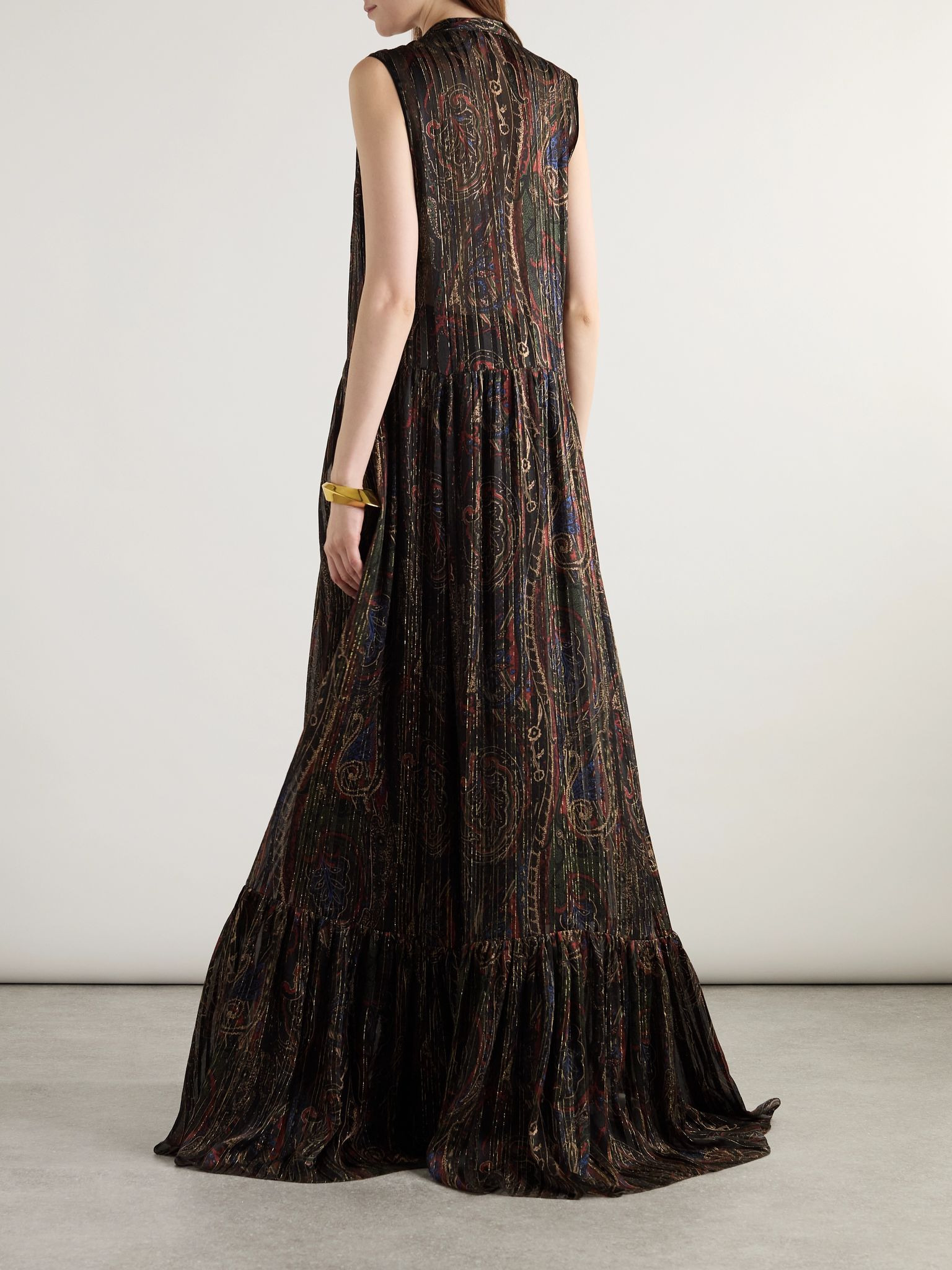 Pleated tiered paisley-print metallic silk-blend georgette maxi dress Black - 3