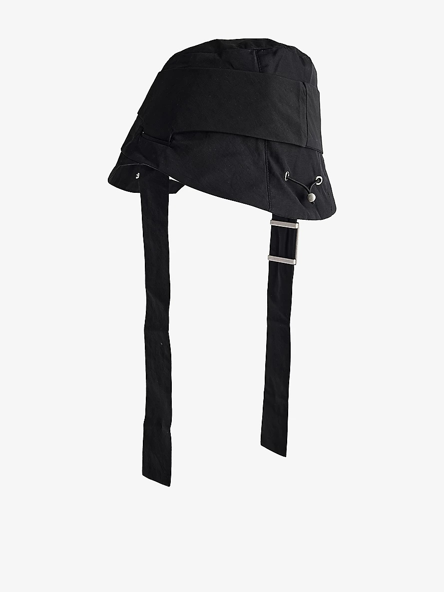 Brand-Plaque Drawstring Woven Bucket Hat - 3