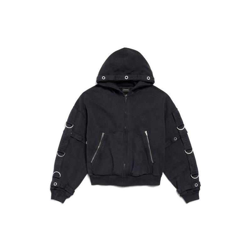 Men's D-ring Cargo Zip-up Hoodie in Faded Black 1