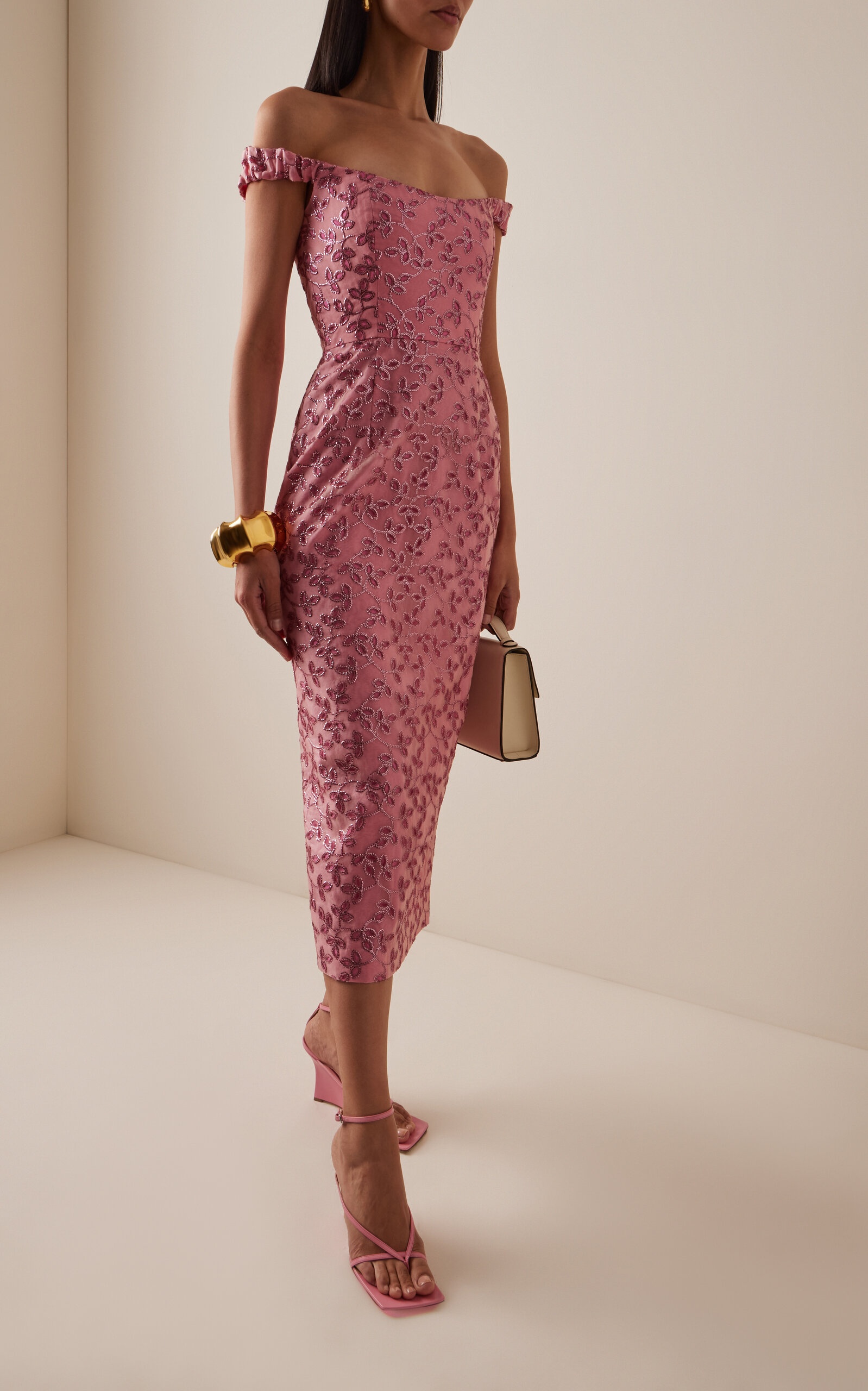 Amina Floral-Sequined Off-The-Shoulder Midi Dress pink - 3