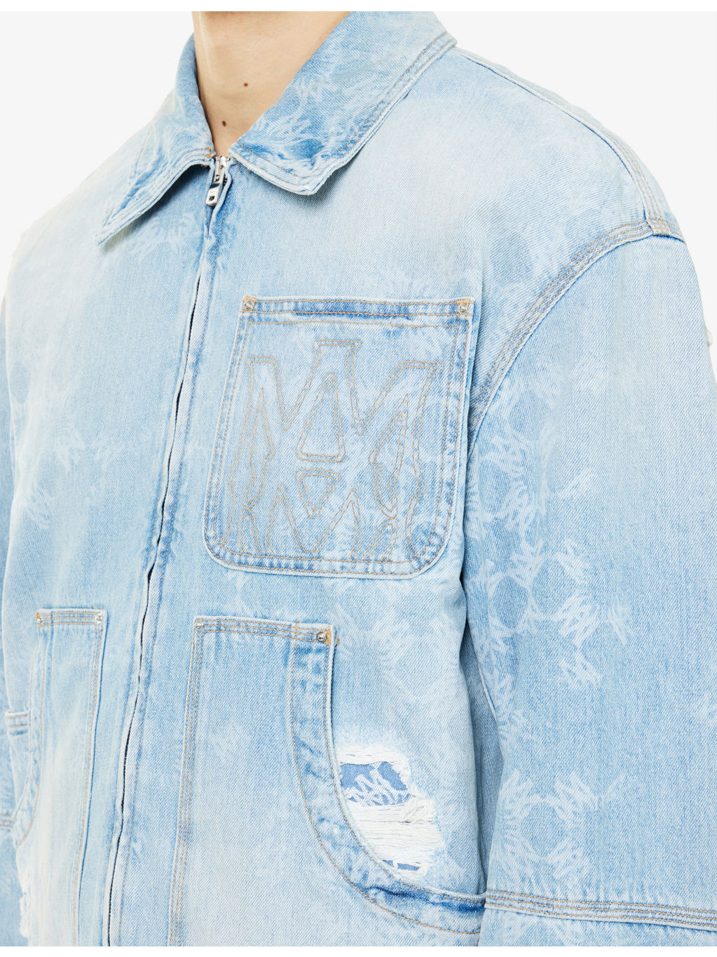 Embroidered-Logo Distressed Denim Jacket - 6