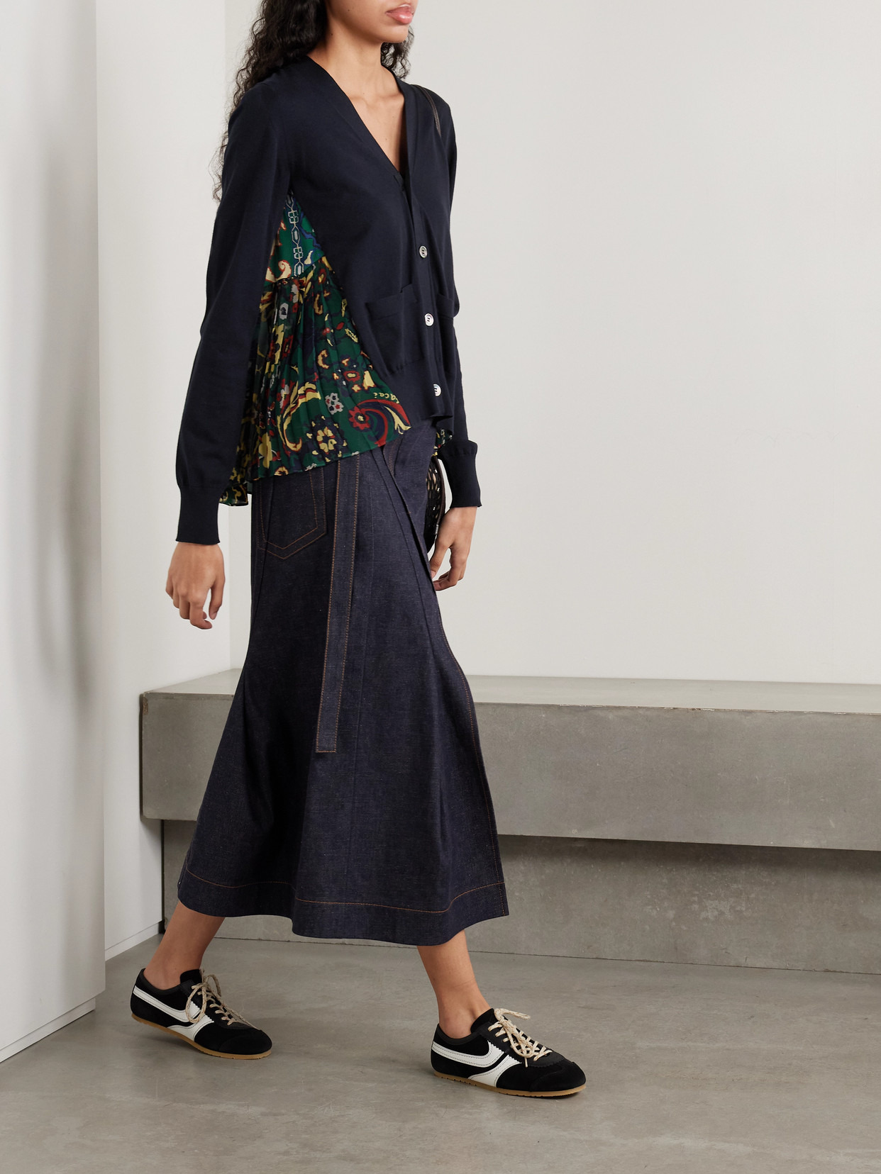 Paneled Cotton, Printed Satin And Pleated Chiffon Cardigan - 2