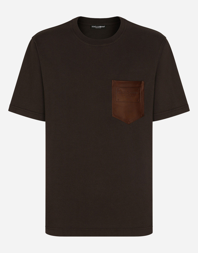 Cotton T-shirt with leather breast pocket and logo 1