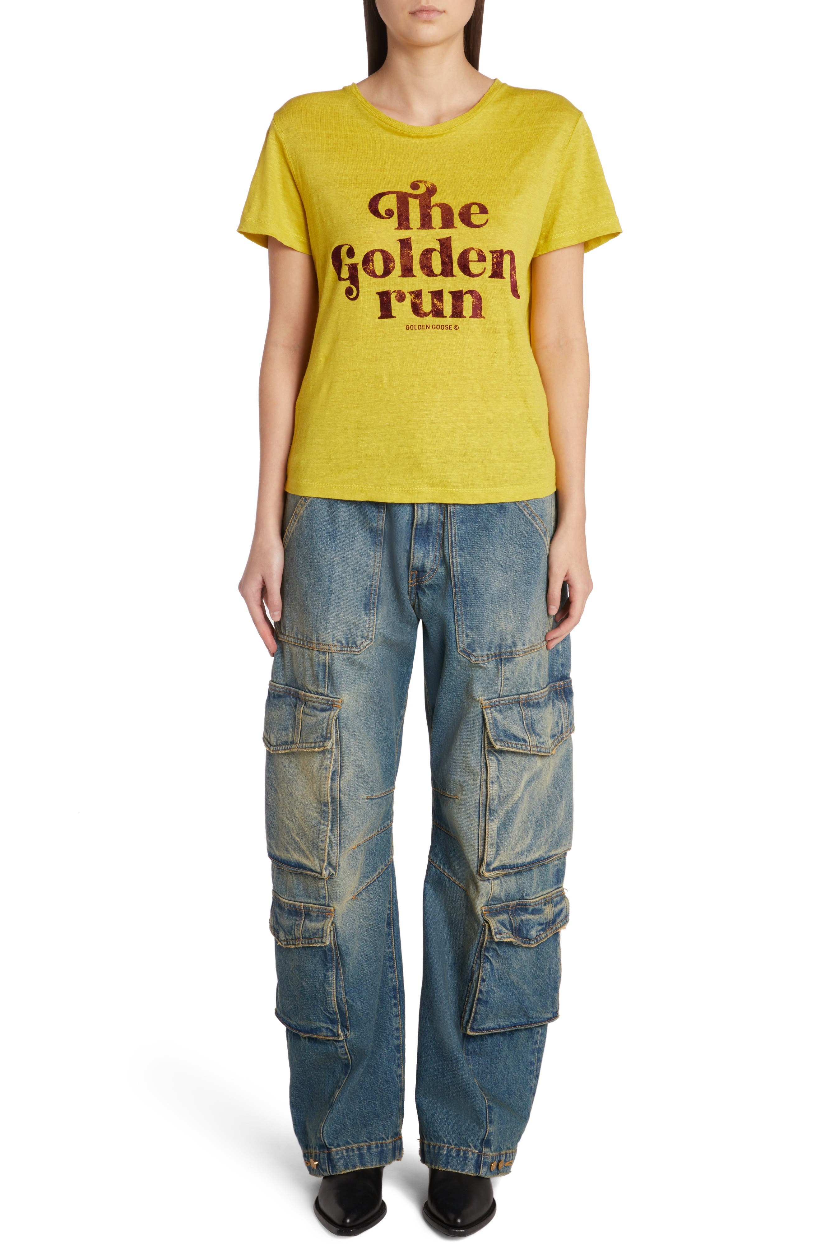 Golden Goose The Golden Run Linen T-Shirt in Maize/Windsor Wine at Nordstrom - 6