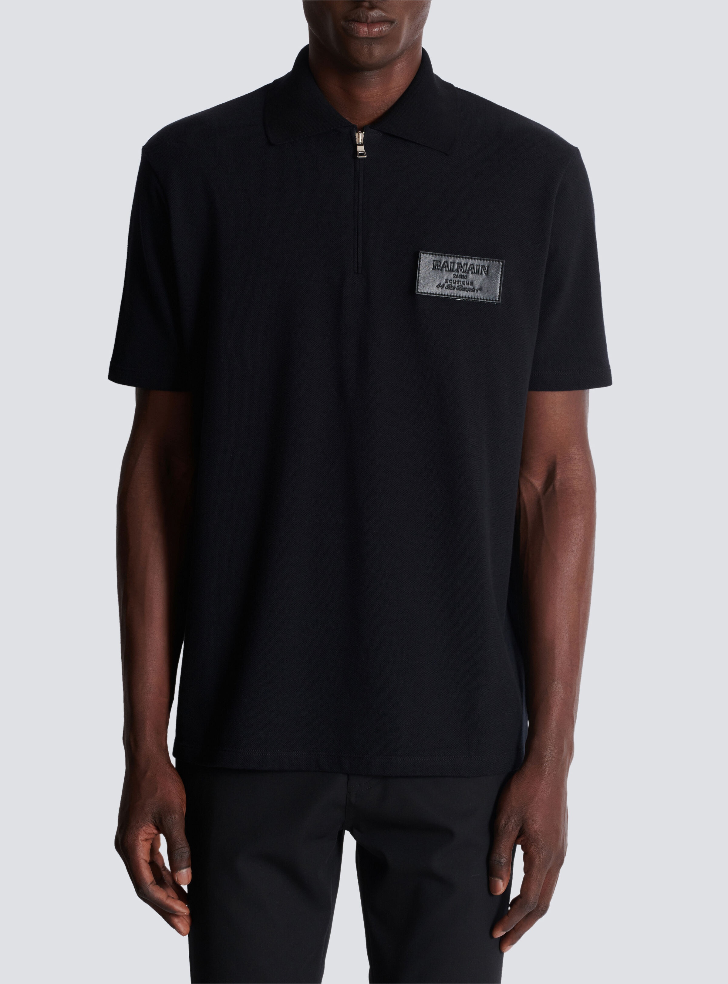 Cotton polo shirt with leather Balmain Couture label - 5