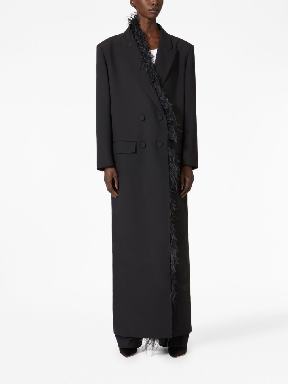 feather-trim long wool coat - 3
