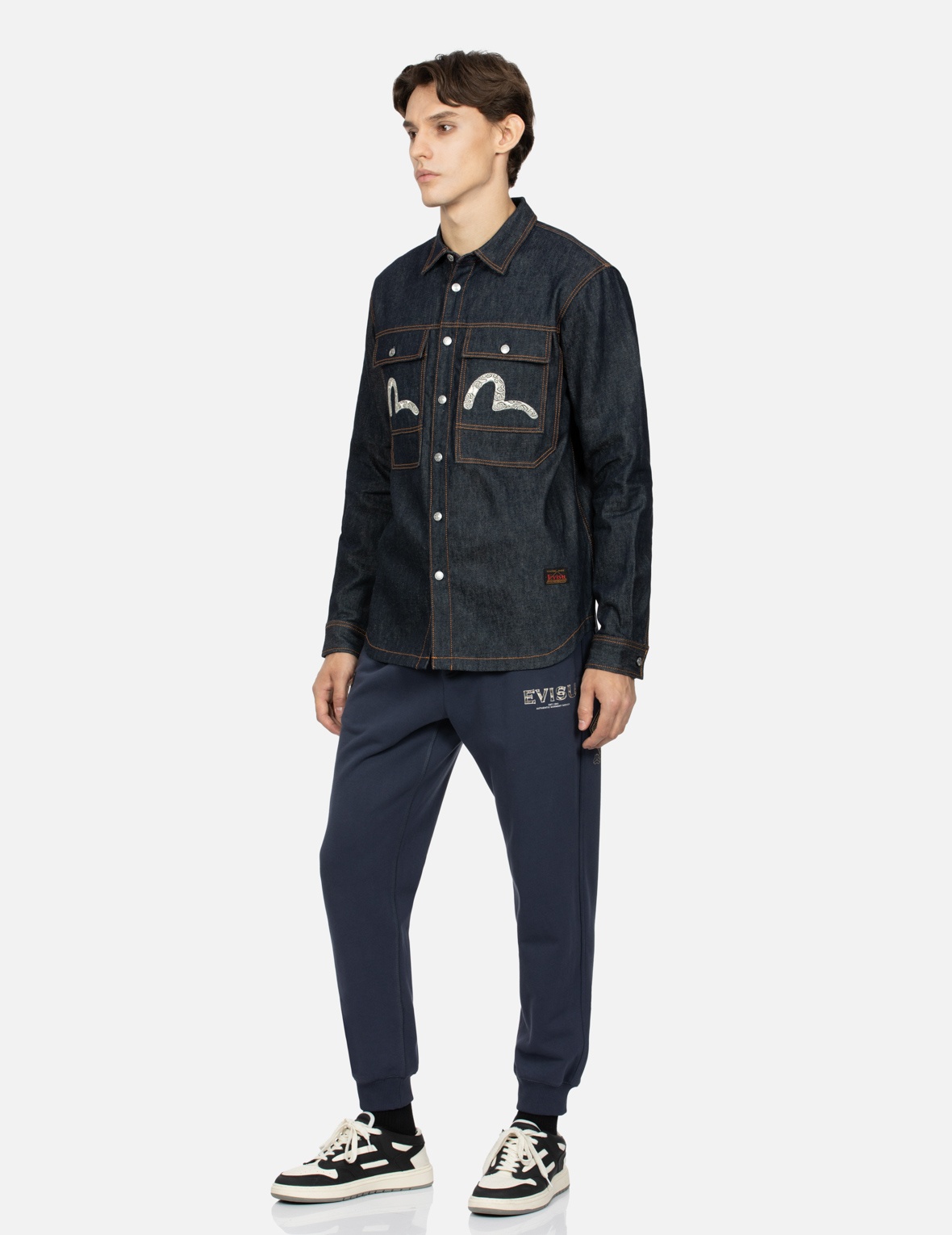 CLOUD-PATTERN SEAGULL EMBROIDERY REGULAR FIT DENIM WORK SHIRT - 3