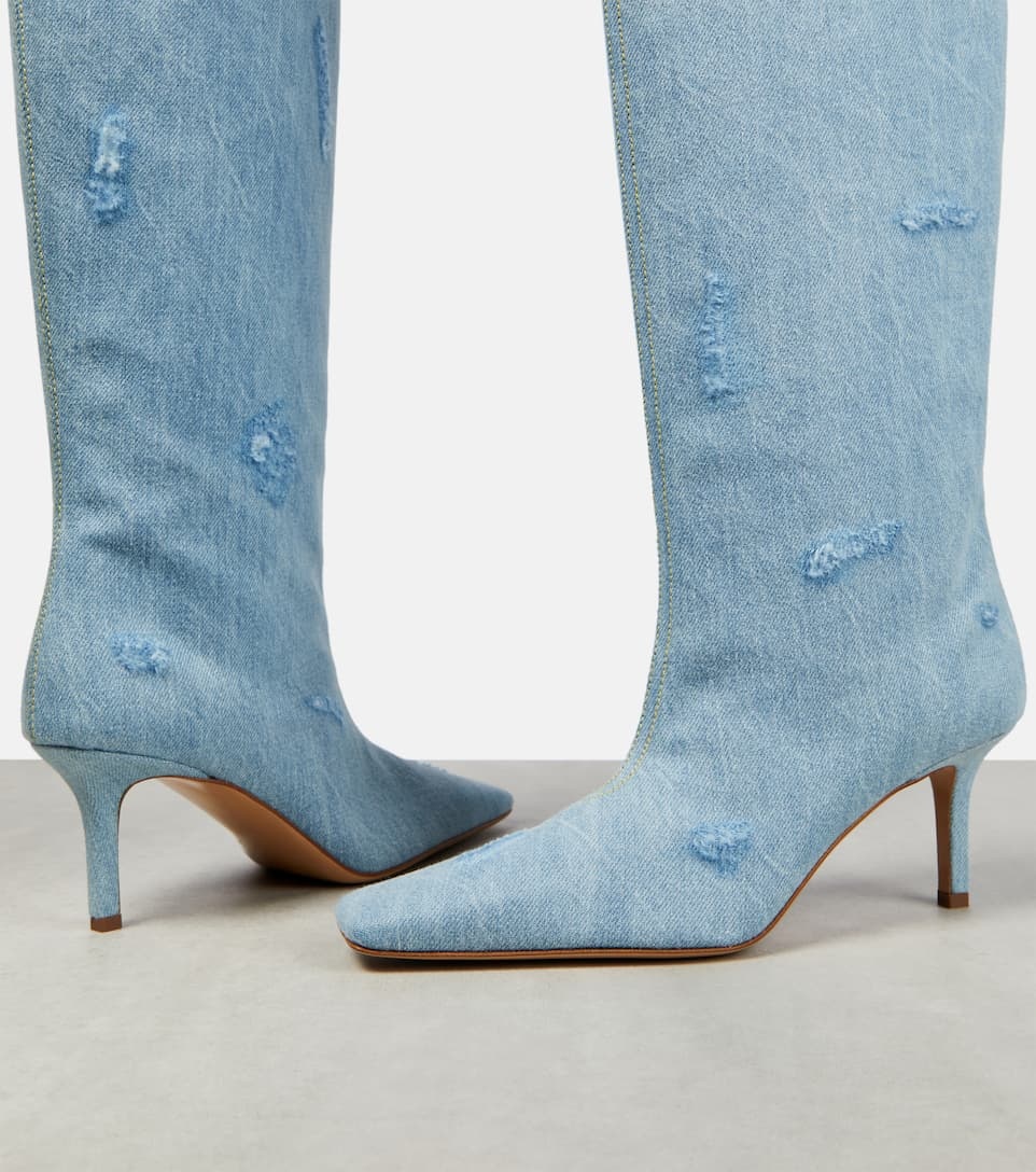 Distressed denim knee-high boots - 6