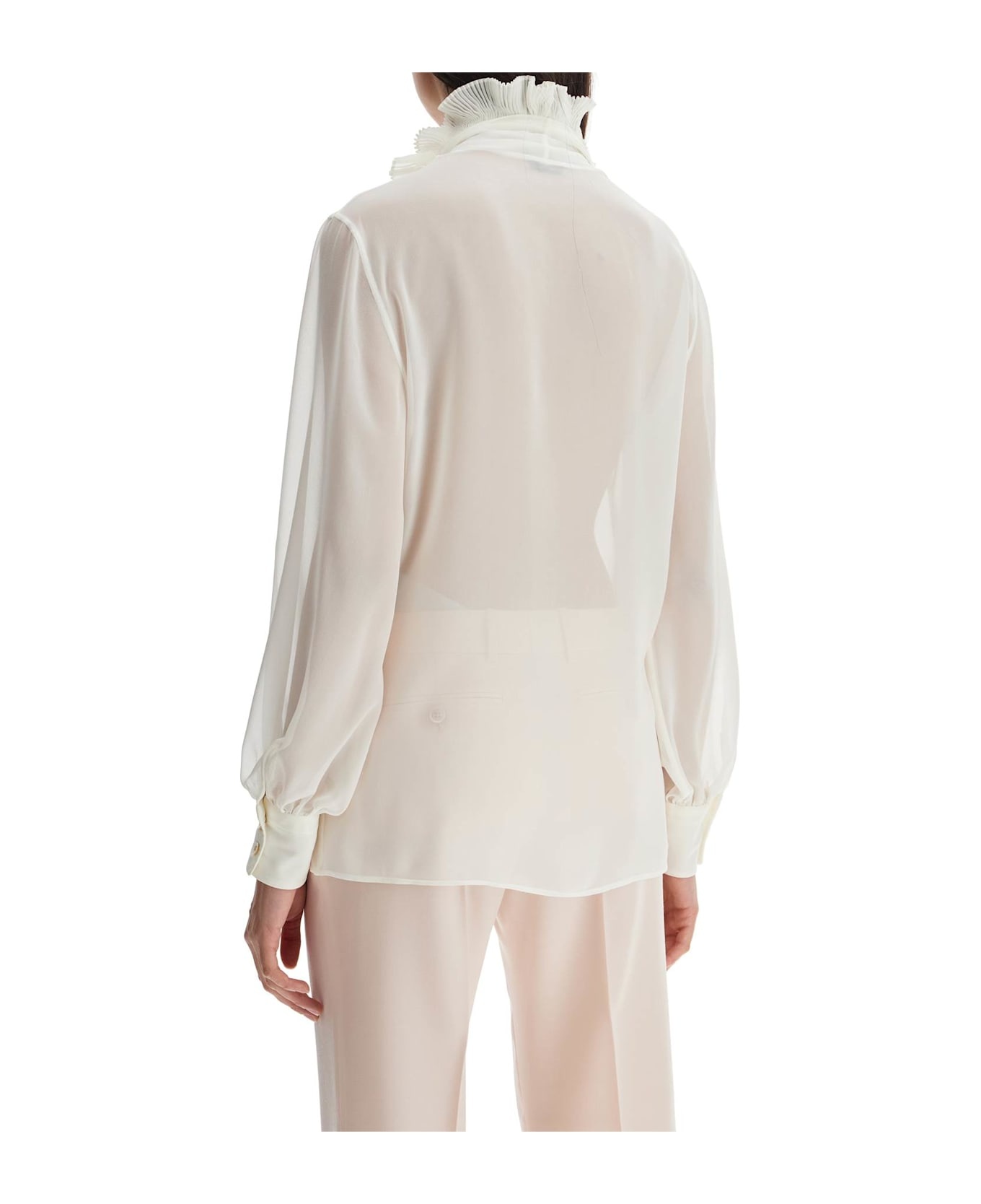 Cream Silk Shirt With Ruffled Collar And Mother-of-pearl Buttons - 2