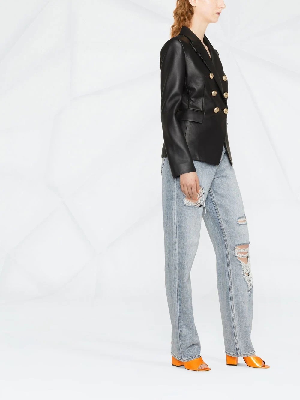double-breasted leather blazer - 4