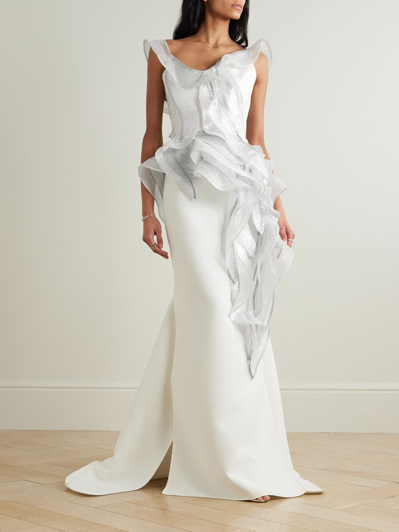 MATICEVSKI Liora Wave asymmetric ruffled sequined mesh top Off-white outlook