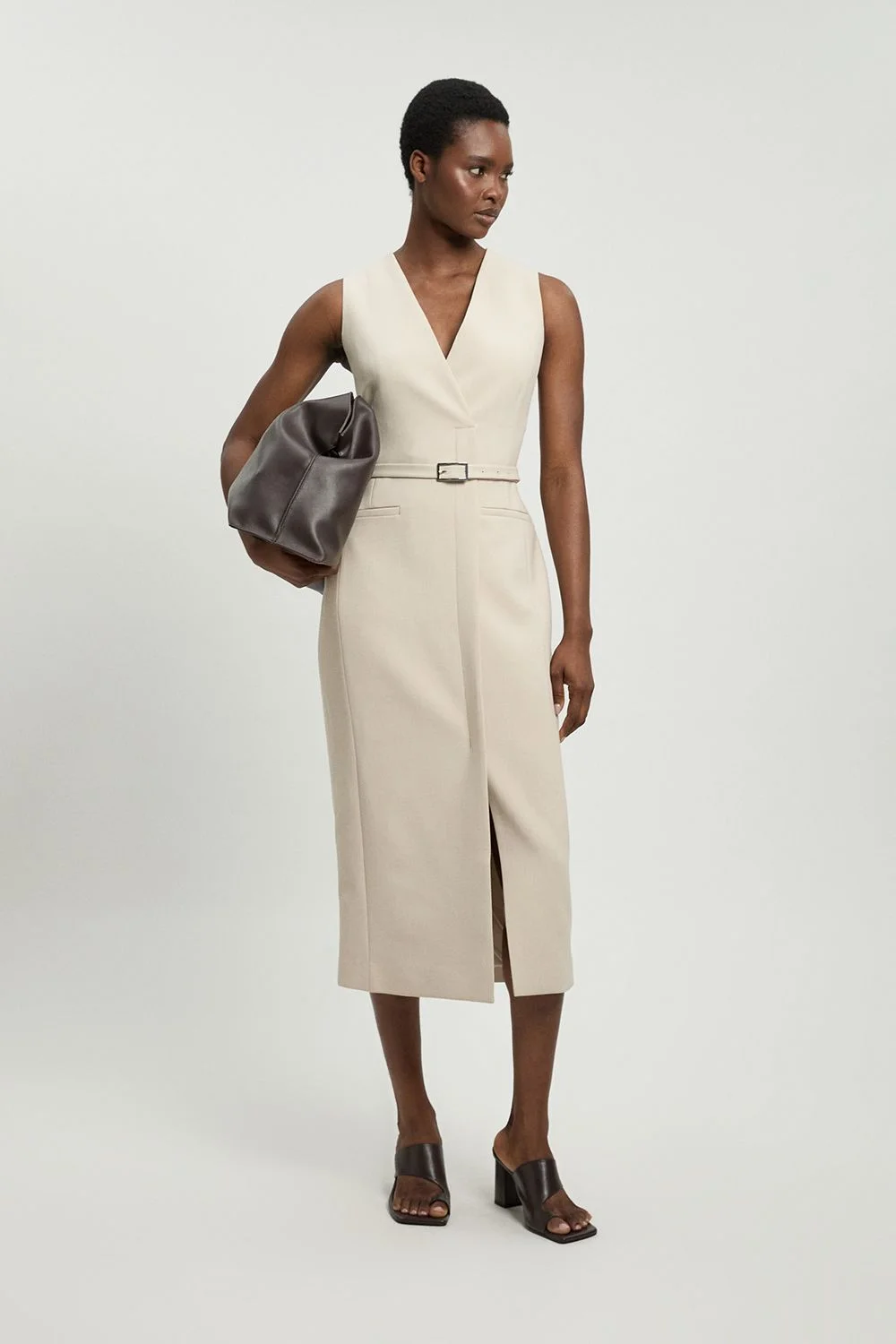Compact Stretch Belted Tailored Pencil Midi Dress - 1
