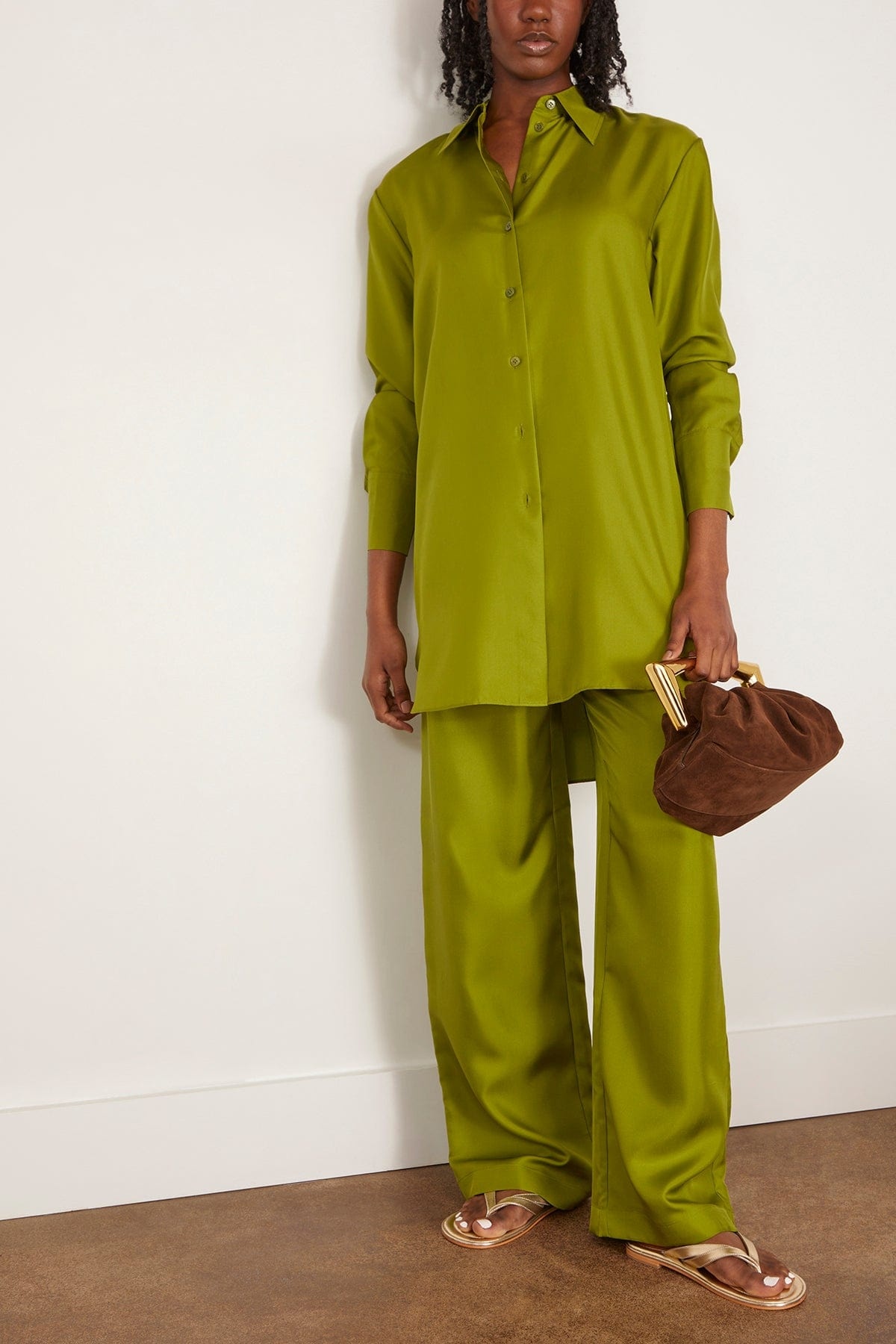 Signature Elongated Silk Shirt in Garden Green - 2