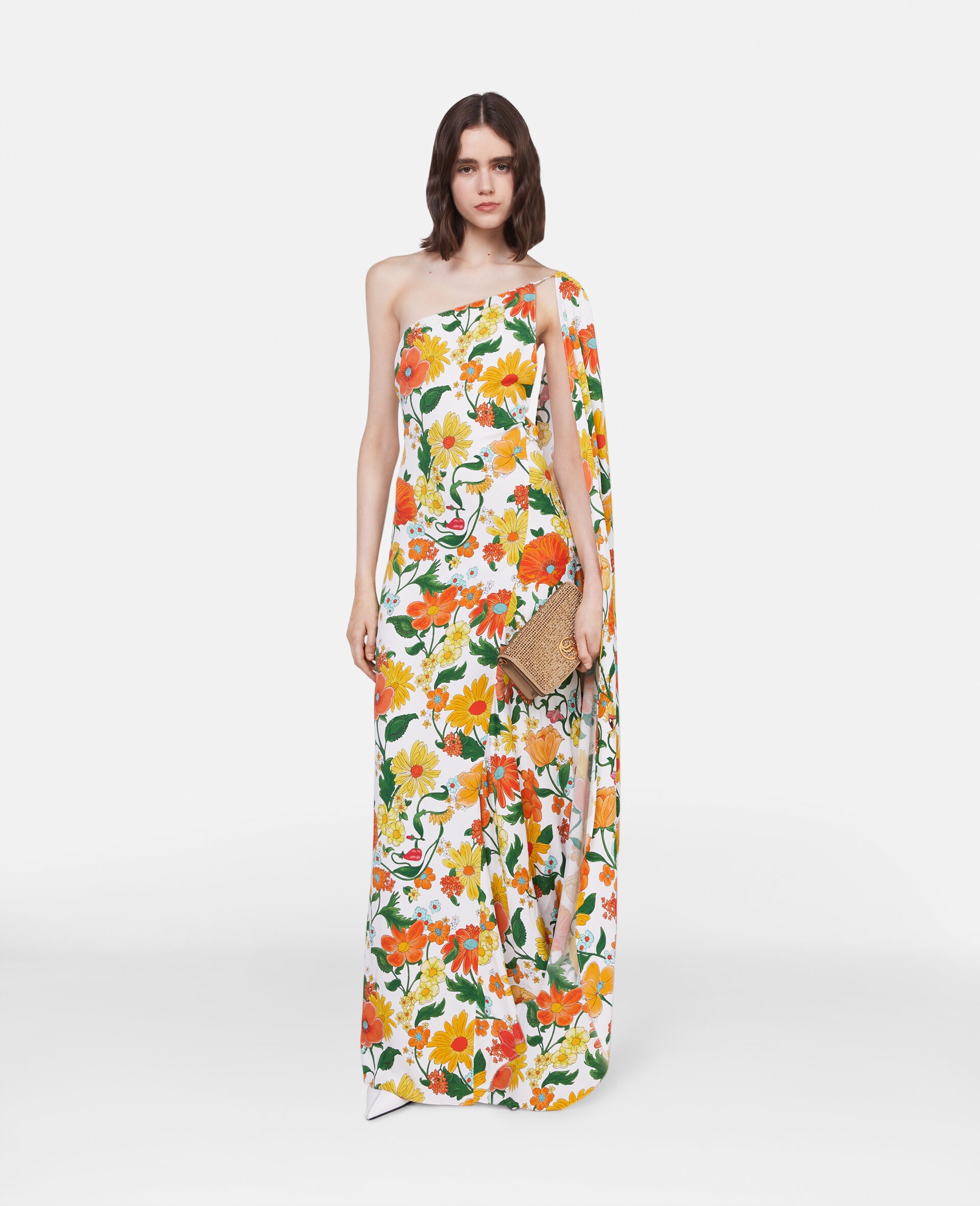 Lady Garden Print One-Shoulder Cape Gown - 2