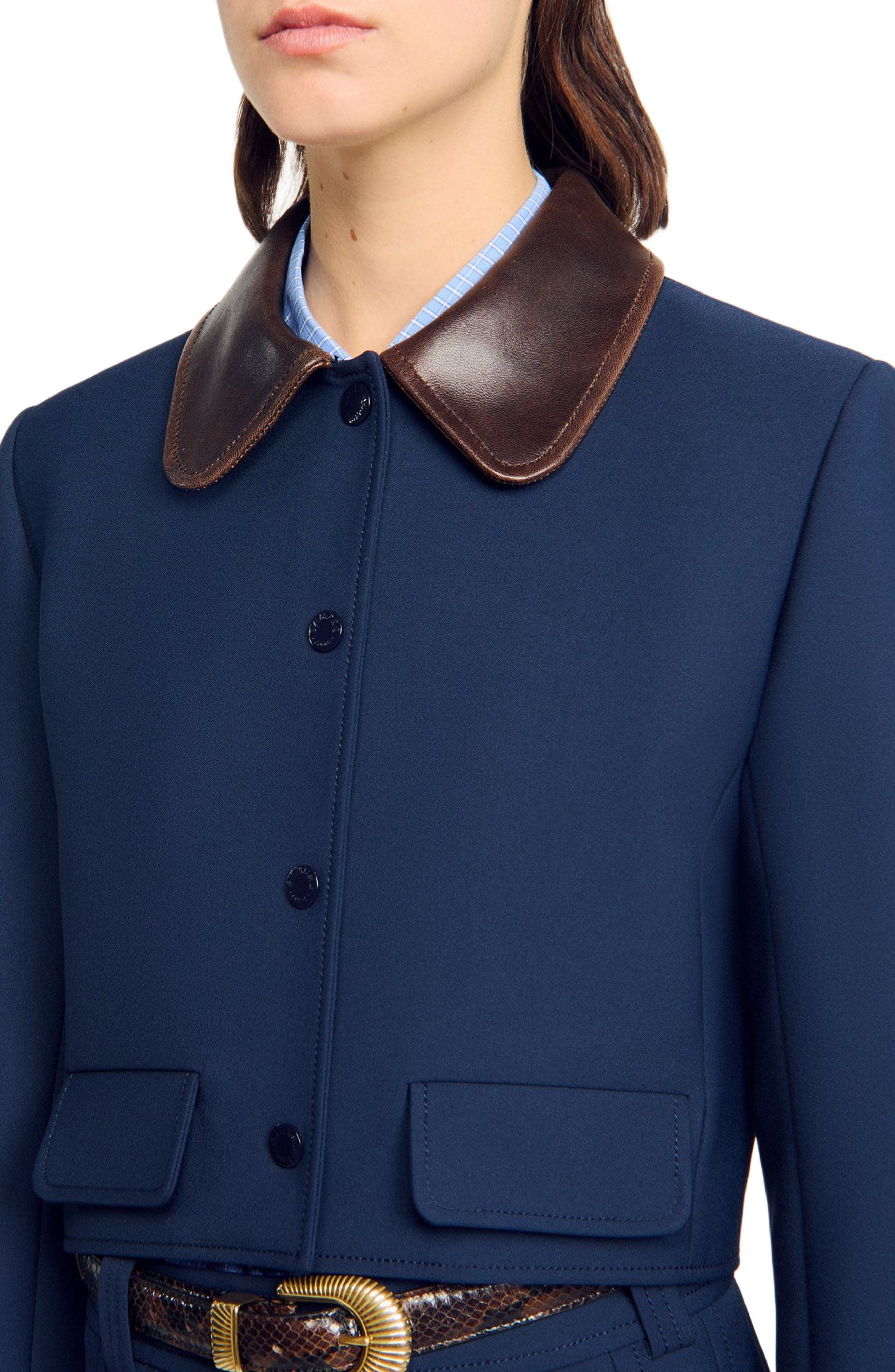 SANDRO Cropped jacket with leather collar in Navy Blue at Nordstrom - 4