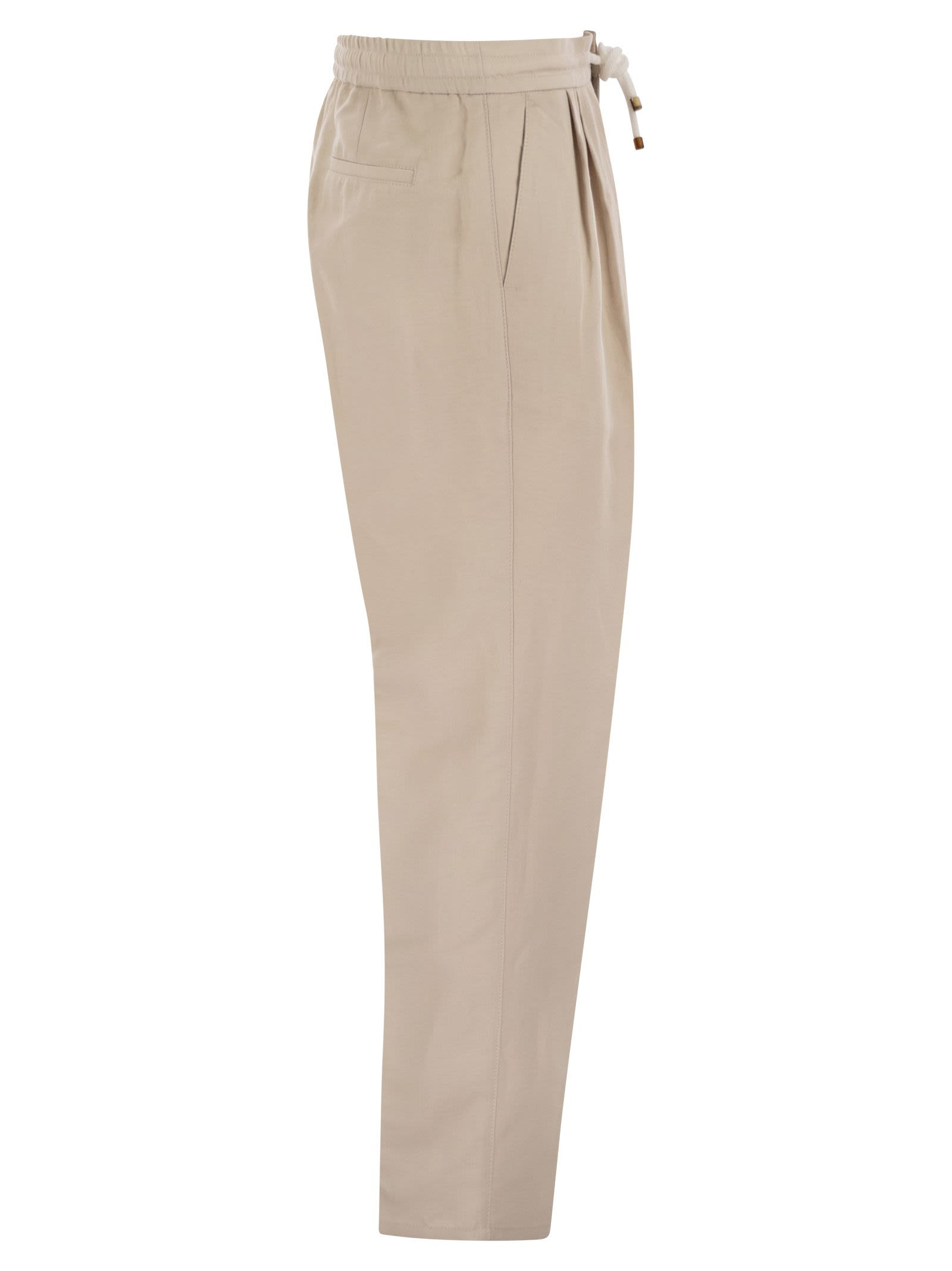 Brunello Cucinelli Men Leisure Fit Trousers In Linen And Cotton Gabardine With Drawstring And Double - 3