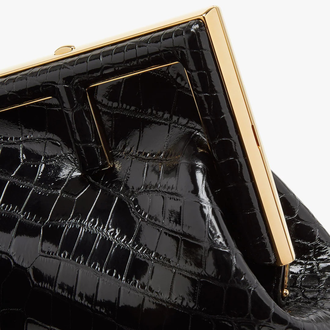 Small Fendi First bag made of exquisite black crocodile leather with a glossy finish. Oversized meta - 5