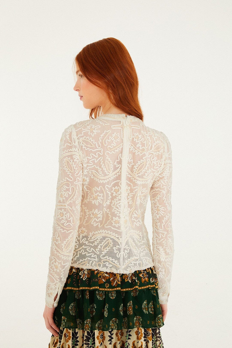 Off-White Embroidered Crew Neck Long Sleeve Blouse 3
