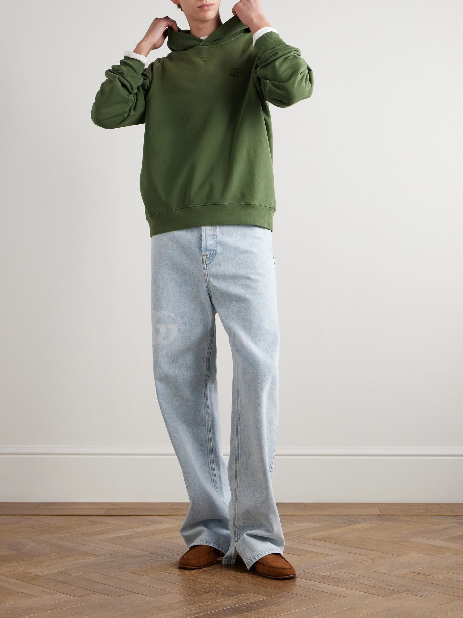 Logo-Embroidered Cotton-Blend Jersey Hoodie Army green - 2