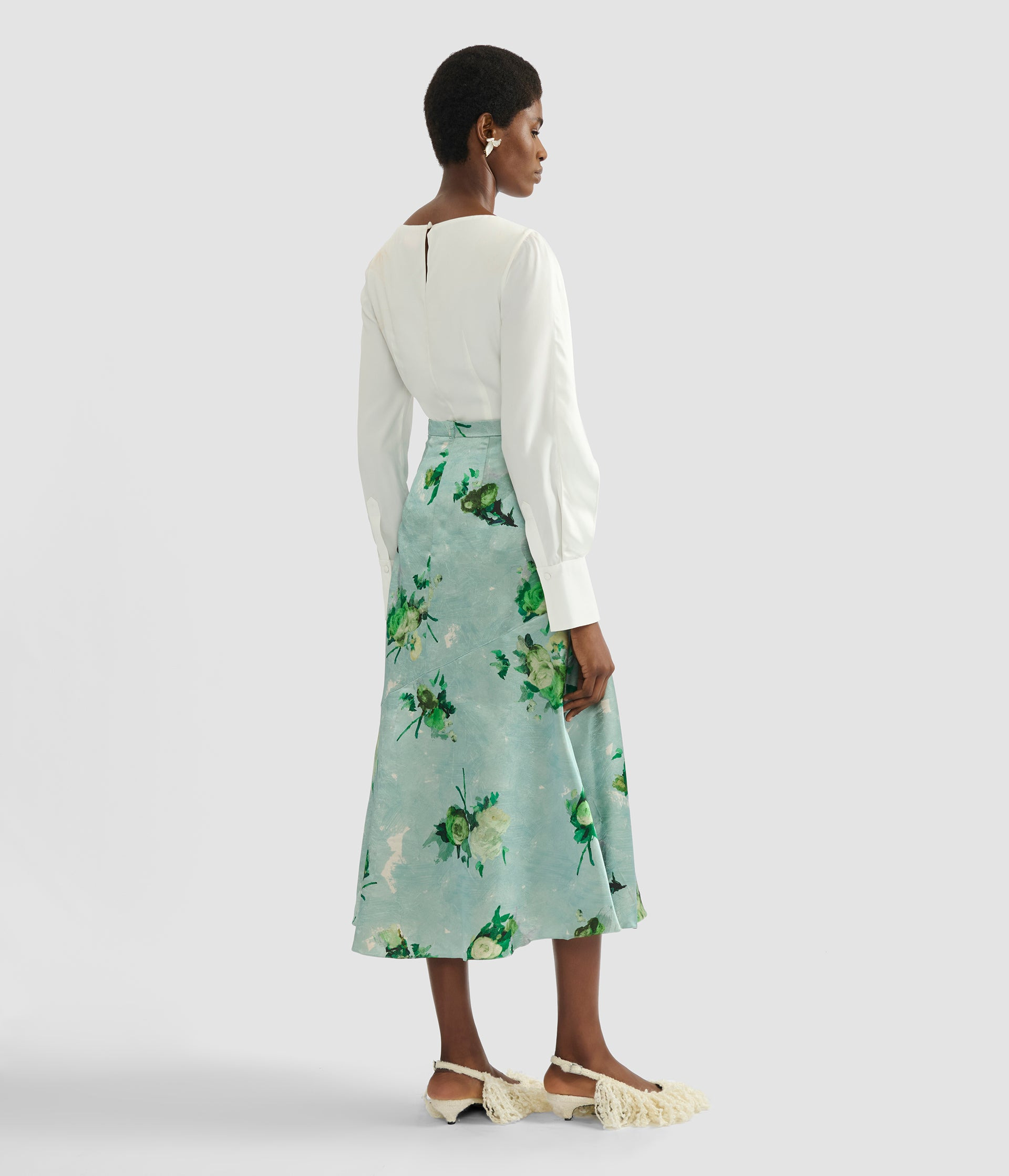 FLORAL PRINT CRUSHED SATIN A LINE SKIRT - 3