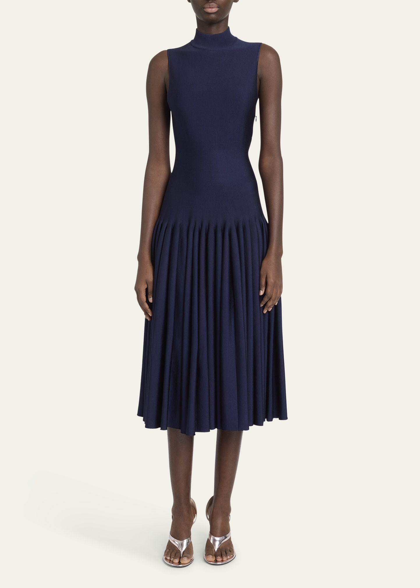 High-Neck Pleated Knit Midi Dress - 2
