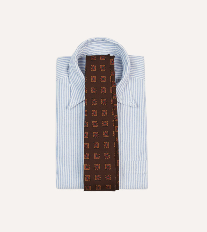 Drake's Brown Square Flower Medallion Print Wool-Silk Self Tipped Tie outlook