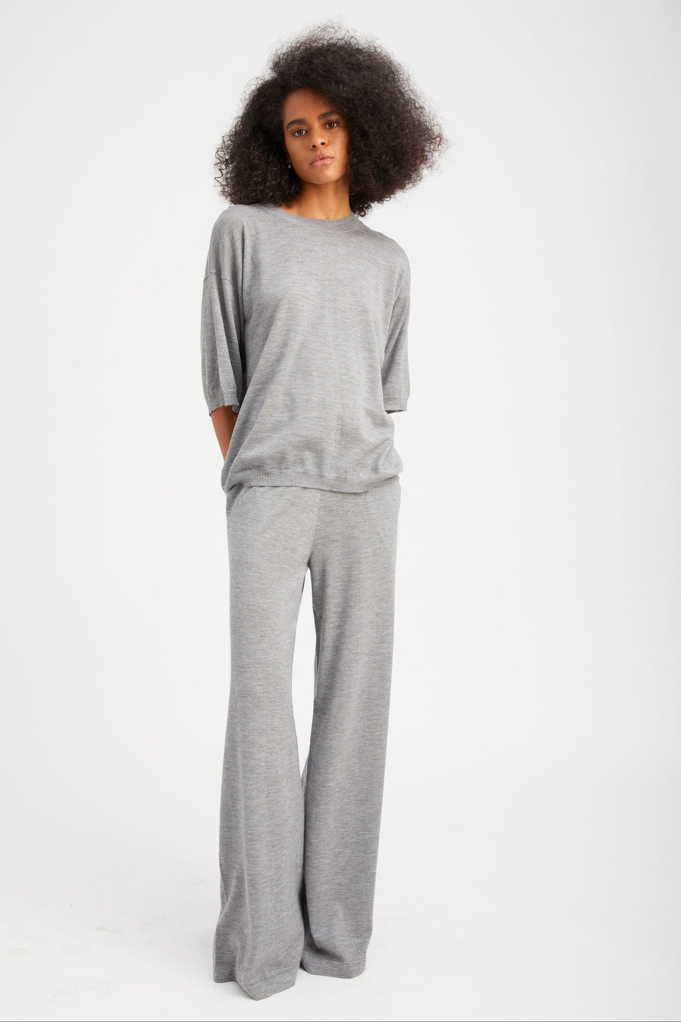 GREY CASHMERE WIDE LEG PANTS - 2